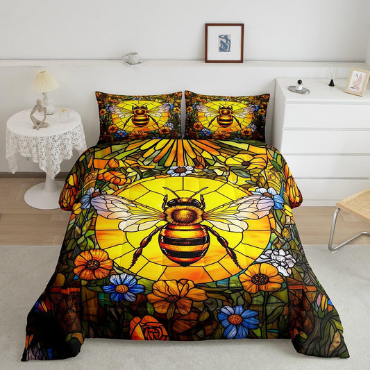 Feelyou Bee Comforter Set Queen Size Bee Sunflower Bedding Set for Kids Boys Girls Garden Daisy Floral Flowers Decor Comforter Cute Animal Honey Bee Duvet Set Bedroom Quilt Set