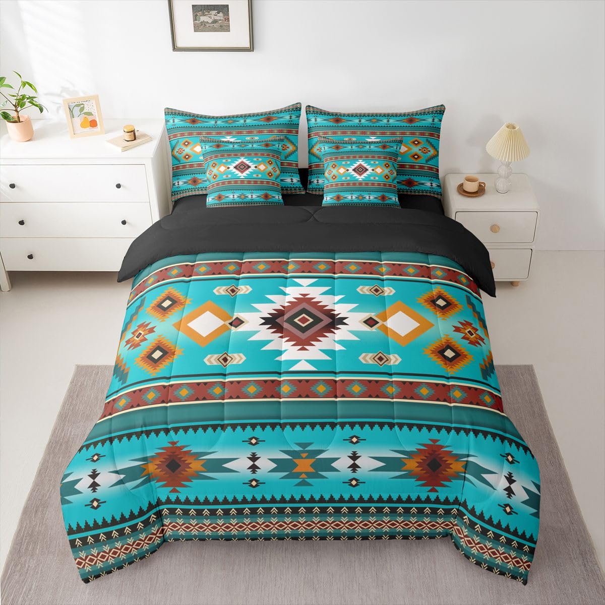 Erosebridal Black Teal Blue Cowboy Aztec Full Comforter Set 7 Pieces | Southwestern Bohemian Bed in A Bag for Bedroom Geometric Farmhouse Cowgirl Bedding Set with Comforters Tribal Adults Room Decor