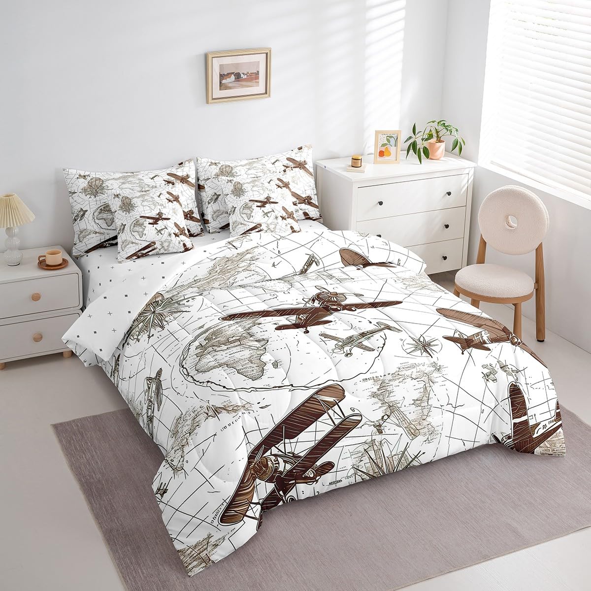 Feelyou 3D Aircraft Comforter Set 7 Pieces Airplane Print Bed in a Bag Aircraft Flying Flight Map Air Route Bedding Set Queen Size Bedroom Decor Brown Bed Set with Comforter, Sheet Set, Pillowcases