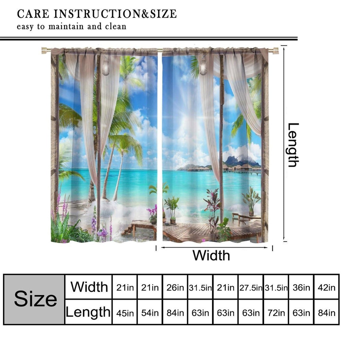 Nitmbi Sunlight Beach Curtains,Tropical Ocean Sea Island Palm Tree Summer Scape Pattern Drapes Window 2 Panel Rod Pocket Curtain for Bedroom Living Room Decor 42" W X 45" L