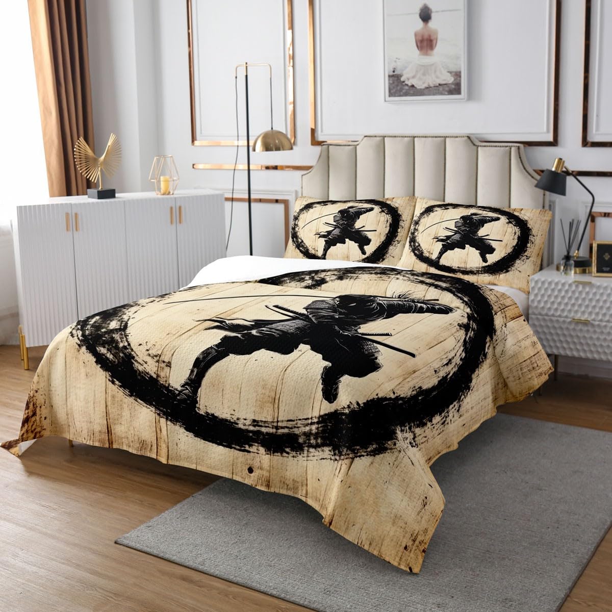 Homewish Japanese Swordsman Bedspread King Size,Retro Samurai Bedding Set 3Pcs for Kids Girls Boys Adult Room Decor,Black Ink Graffiti Quilt Comforter Rustic Brown Wooden Coverlet,2 Pillowcases