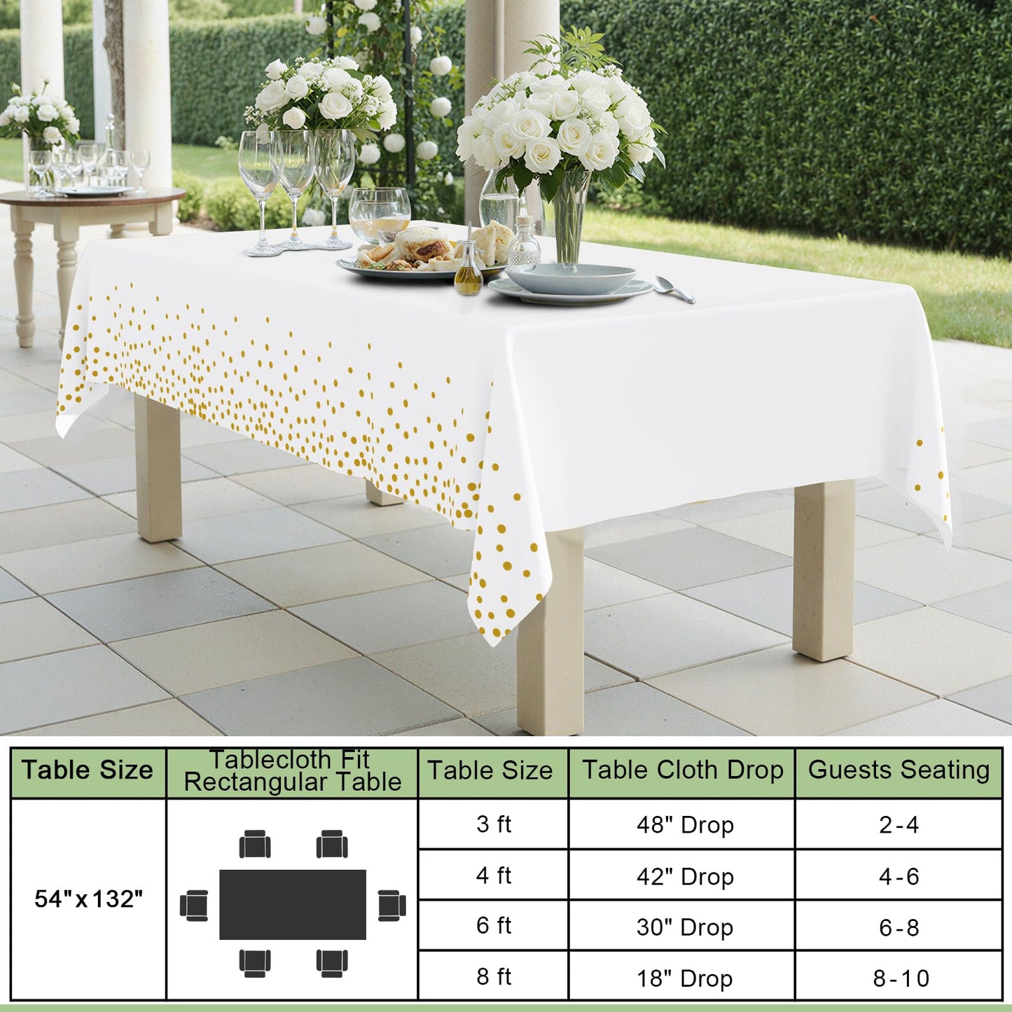 Smiry 3 Pack Dot Disposable Tablecloth, 54 x 132 Inch Waterproof Plastic Table Cloth, Decorative Table Covers for Picnic, Birthday, Party, Outdoor, Gold in White