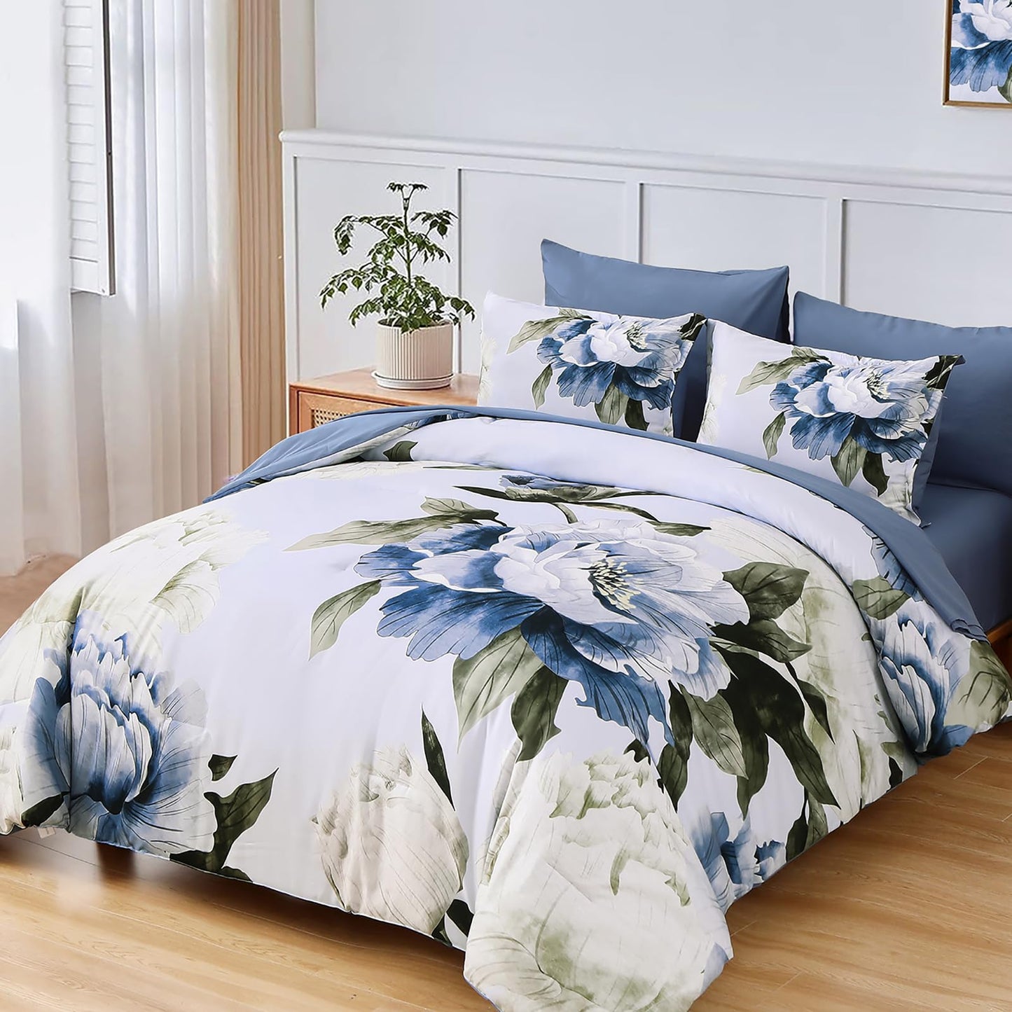 Dobuyly Blue Twin Comforter Set 5 Piece Bed in a Bag Twin Size, Blue Floral Print on Light Blue Comforter Set with Sheets, Soft Microfiber Complete Bedding Set for All Season