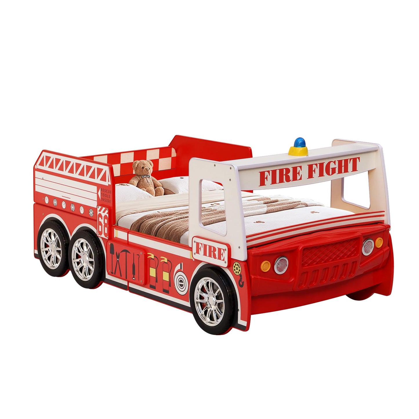 LKTART Twin Size Car Bed for Kids, Fire Truck-Shaped Wooden Platform Bed Frame with LED Lights, Headboard Wheels and Support Slats for Boys Toddlers Child's Bedroom (Red)