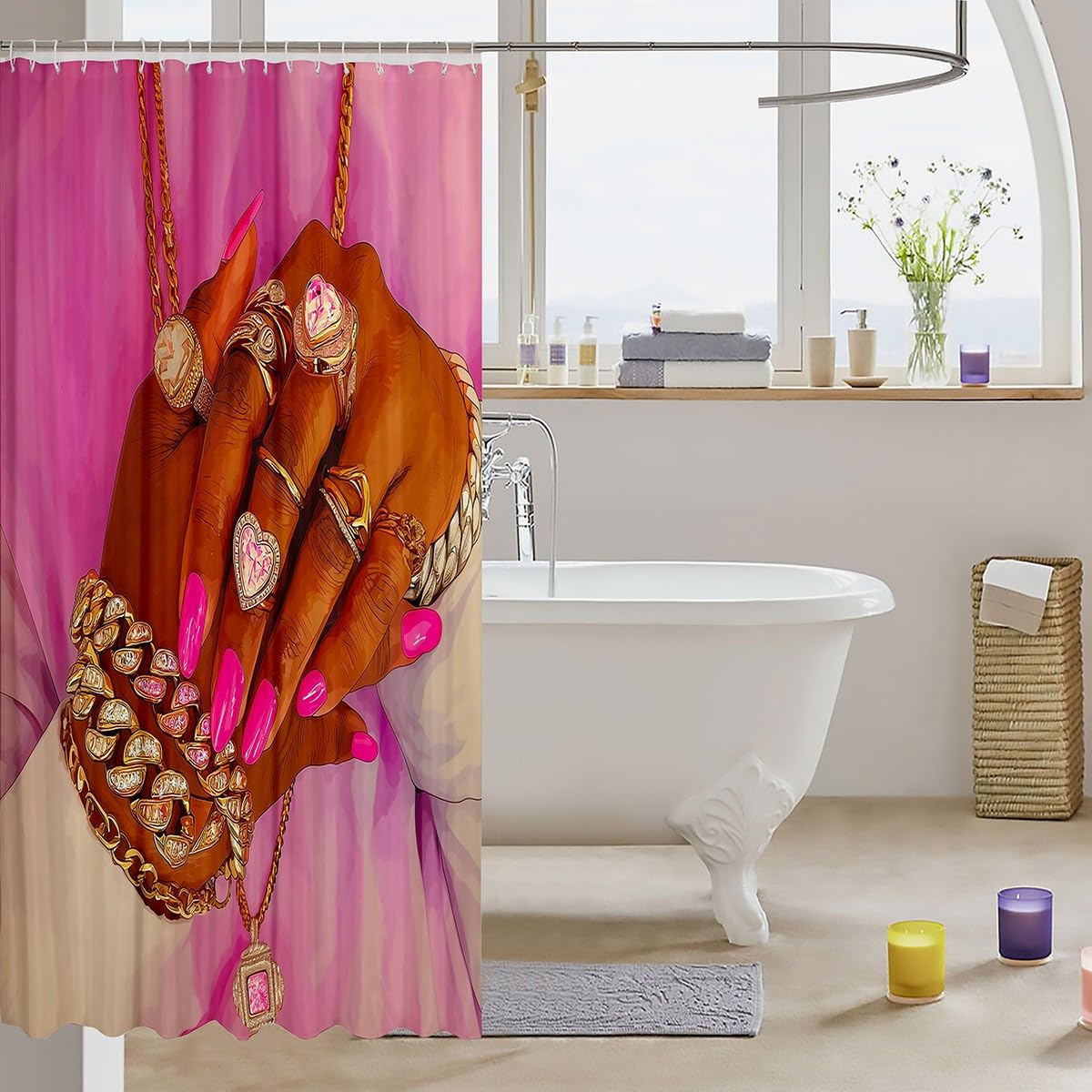 jejeloiu African Woman Themed Bath Curtain African Shower Curtain for Kids Teens Room Decor Hot Pink Bathroom Shower Liner 72"x78" Ethnic Afro Decor Waterproof Soft Lightweight Polyester