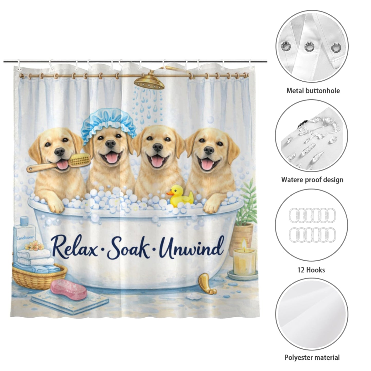 Wordatu Funny Labrador Retriever Bathtub Bath Curtain Cute Kids Pet Animal Bathroom Waterproof Shower Curtain 72x72 with 12 Hooks