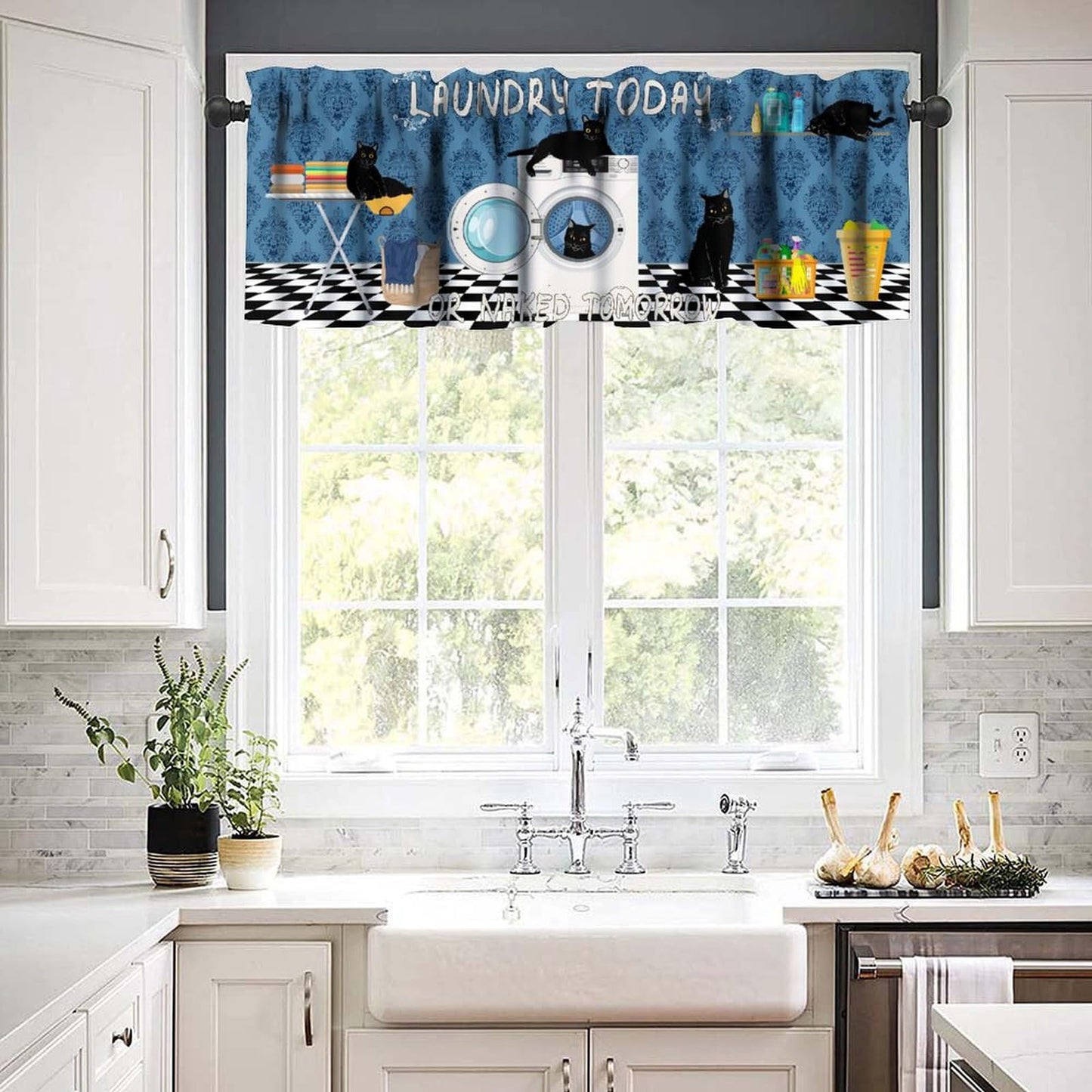 AAVEUP Laundry Room Valance Curtain Blue Abstract Rustic Plaid Black Cat Clean Clothes Drying Washing Machine Window Treatment for Bathroom Kitchen 54 x 18 in