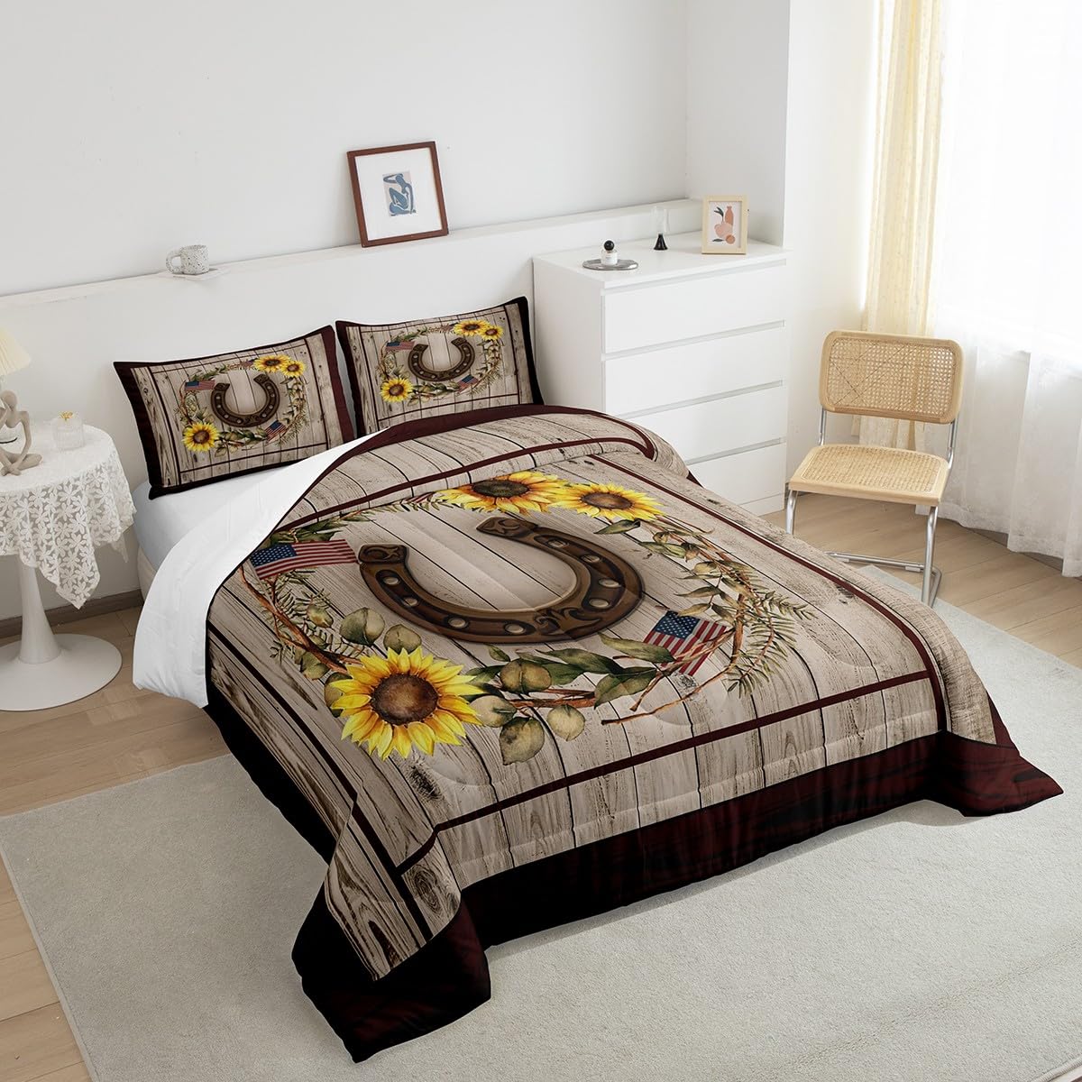 Homewish Horseshoe Comforter Set,Sunflowers Bedding Set for Kids Girls Women,Adults American Flag Comforter,Rustic Wooden Barn Quilted Duvet Set Bedroom Collection Twin Size 2Pcs