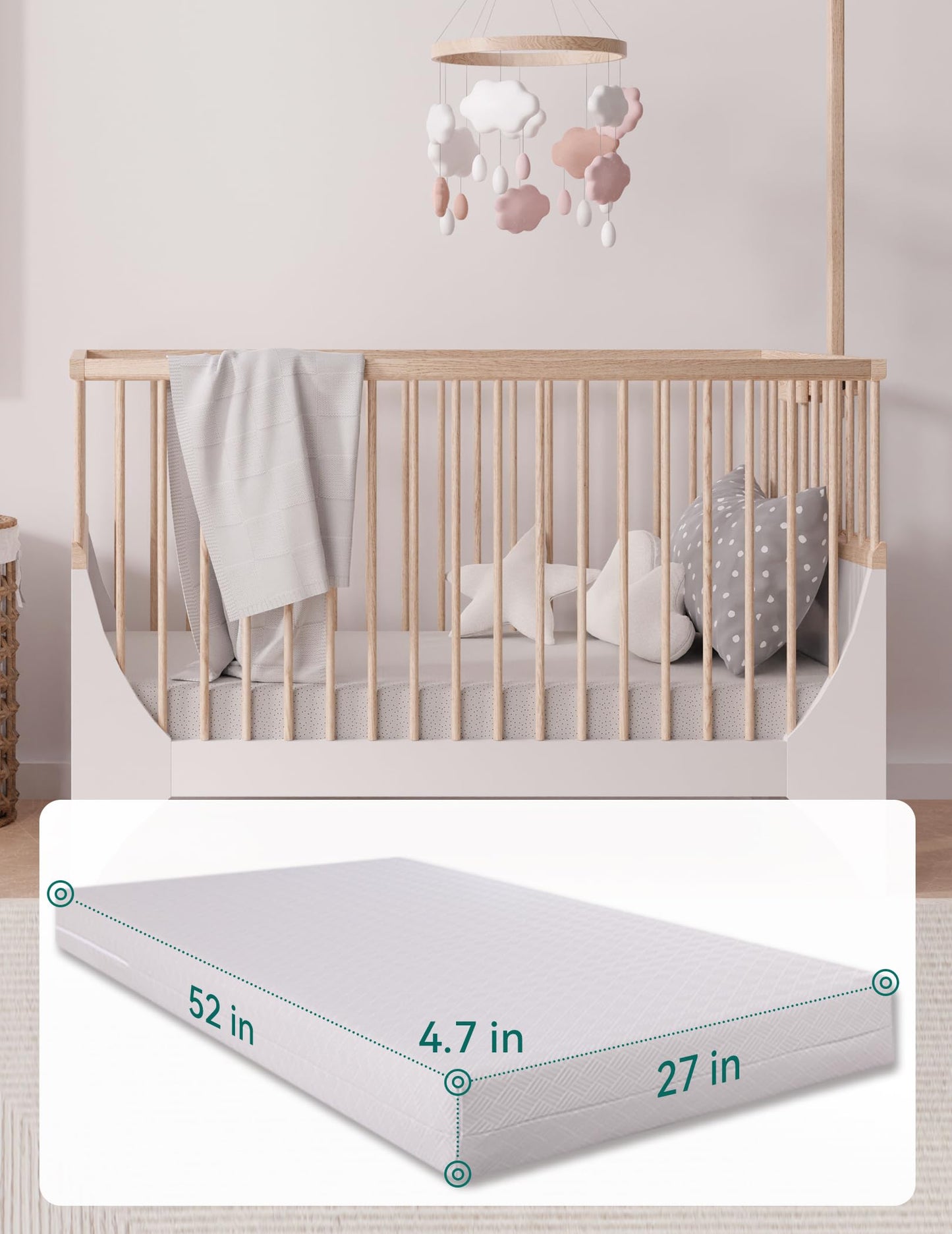 Babelio Memory Foam Crib Mattress Dual-Sided Baby Toddler Mattress Standard Size, Removable Waterproof Cover, CertiPUR-US Certified, Grey