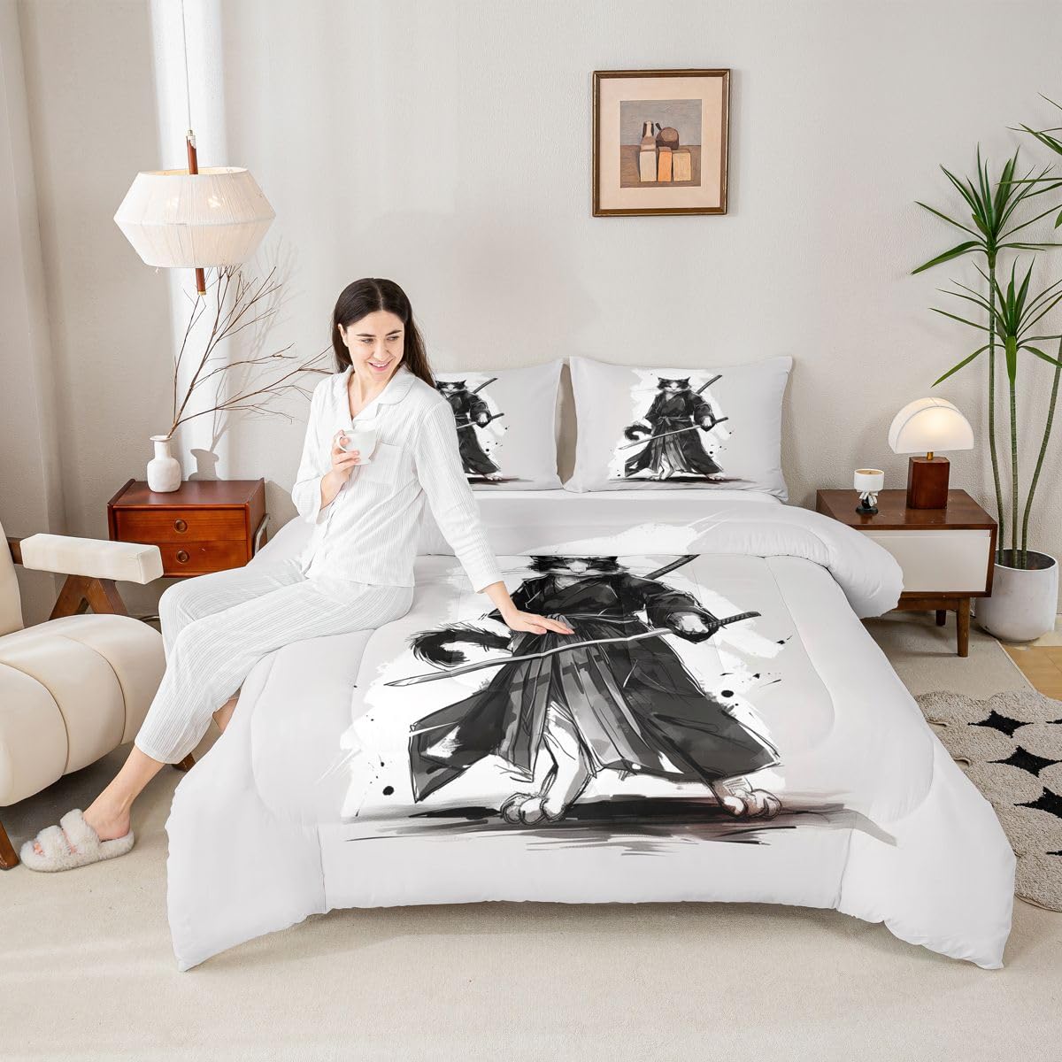 jejeloiu Samurai Comforter Set All Season Japanese Ukiyoe Bedding Set with 2 Pillow Cases Cat Microfiber Kids Queen Bedclothes Animal Bedroom Decor Duvet Quilt Breathable Soft Lightweight