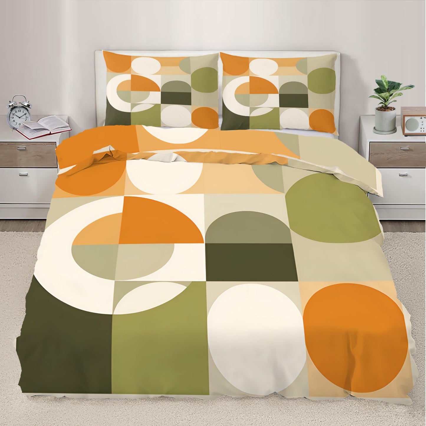 QINYUN Mid Century Modern Duvet Cover California King, Abstract Geometric Bedding Set 3 Piece Bedroom Decor Circle Medieval Comforter Cover and 2 Pillow Sham with Zipper Closure