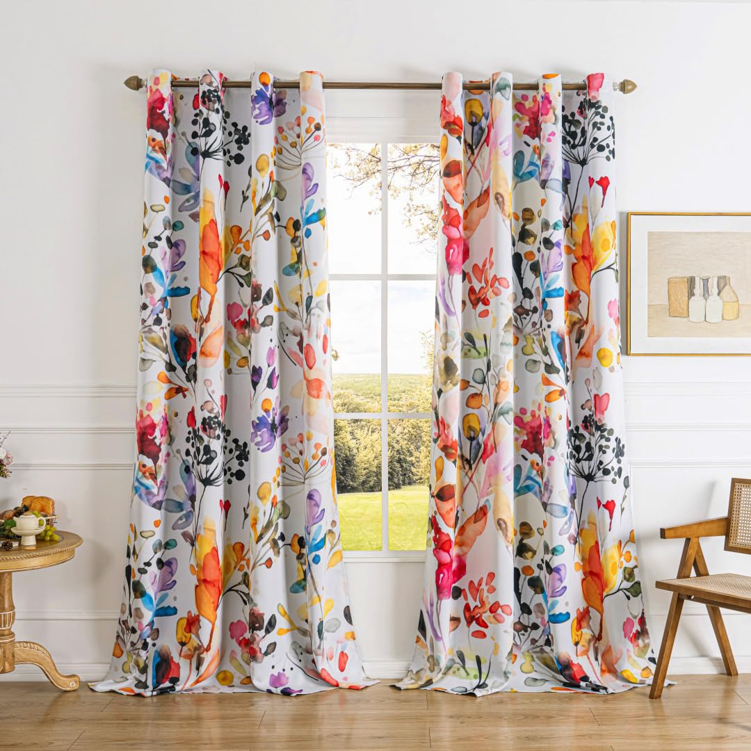 Boho Floral 100% Blackout Curtains 84 Inch Length 2 Panels Set Grommet Watercolour Flower Bohemian Pattern Black Out Thermal Insulated Drapes Window Treatment for Bedroom Living Room 52 x 84 Inch