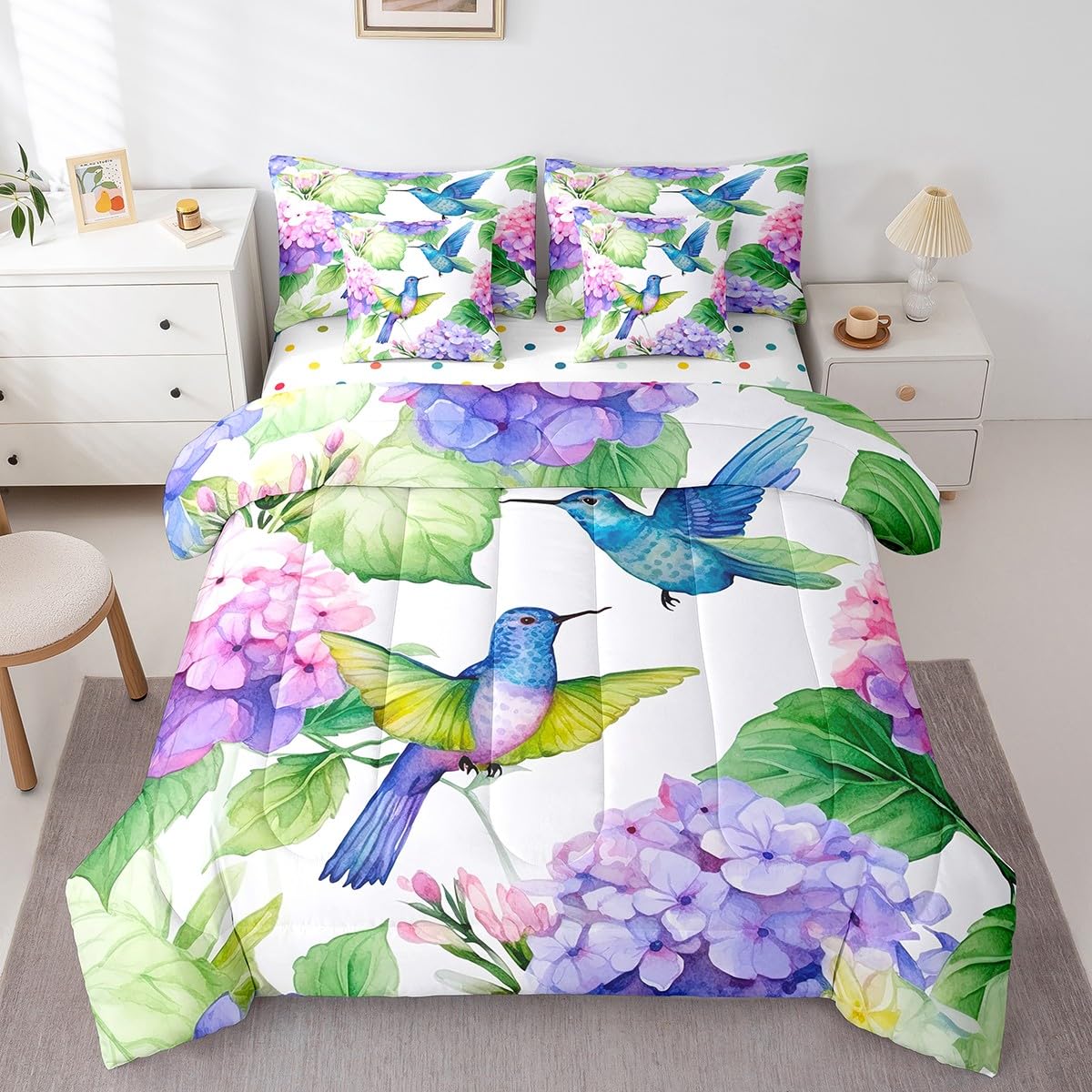 7 Piece Hummingbird Twin Bed in a Bag for Girls Women Blue Hydrangea Print Sheet Set Twin, Cute Animal Birds Purple Flowers Bedding Set with Comforter Rustic Farmhouse Theme Cushion Covers