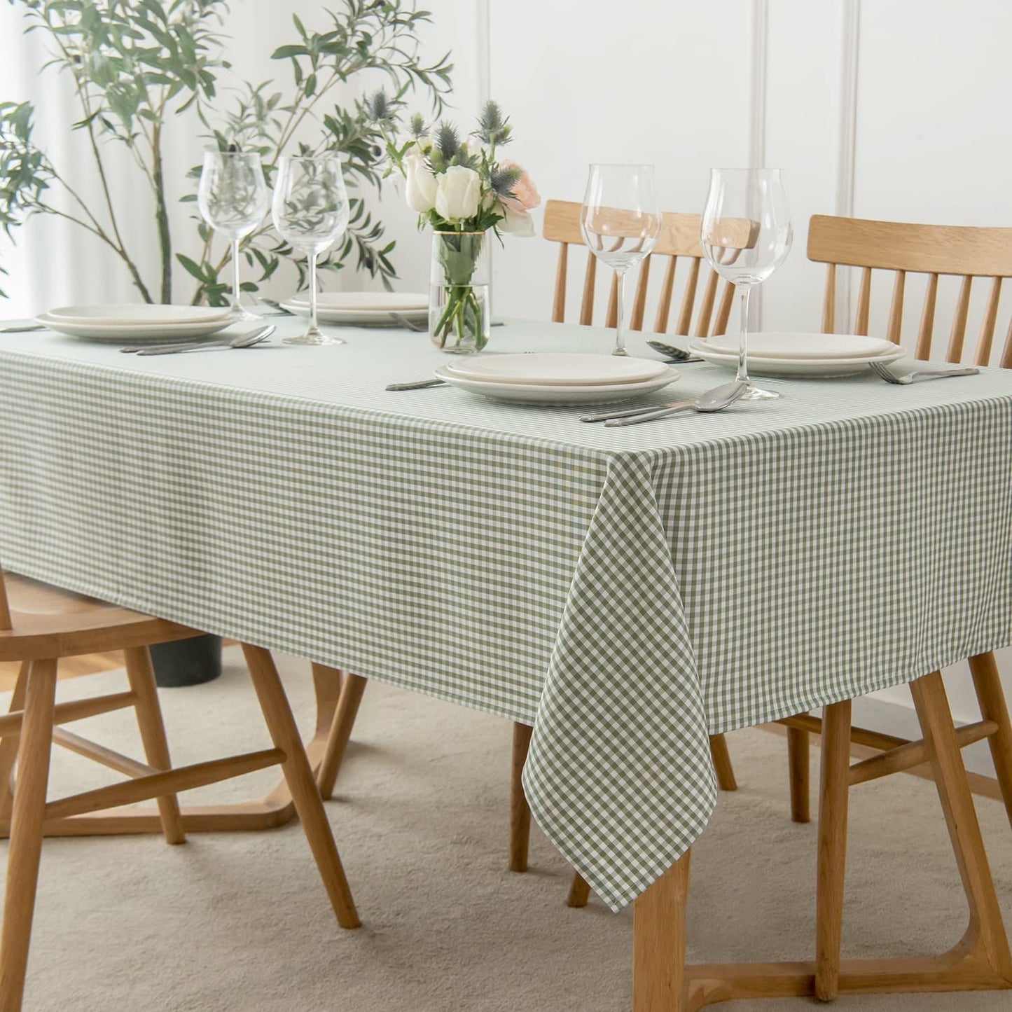 maxmill Rectangle Checkered Tablecloth Waterproof Spillproof Wrinkle Resistant Buffalo Plaid Heavy Weight Table Cloth Gingham Table Cover for Outdoor and Indoor Use, 52 x 70 Inch Sage White