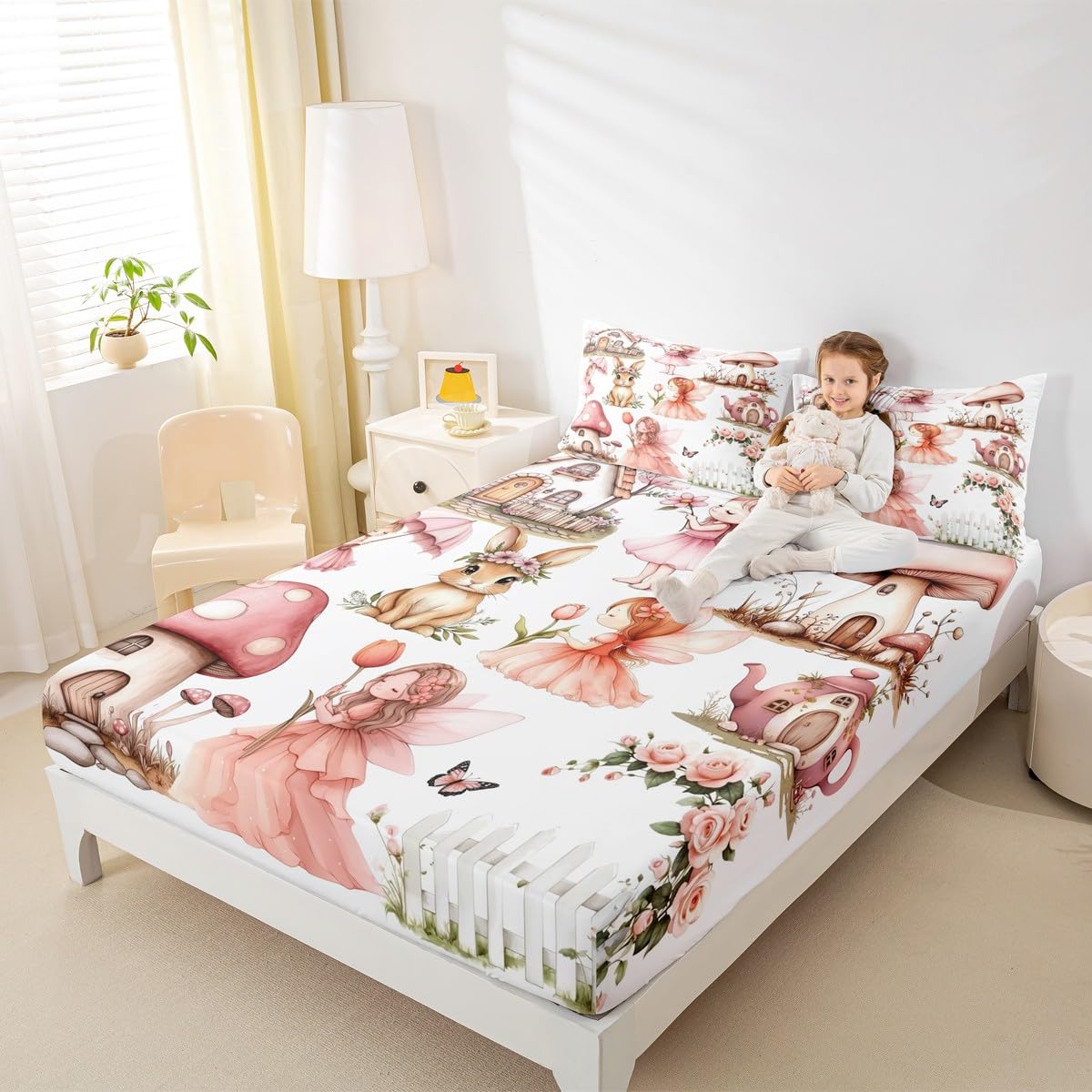Erosebridal Pink Fairy Garden Twin Fitted Sheet - Mushroom Floral Bedding Set for Girls Kids, Butterfly Flower Bunny Bottom Sheets Only | Kawaii Fairies Girly Bed Set 2 Piece Bedroom Decor