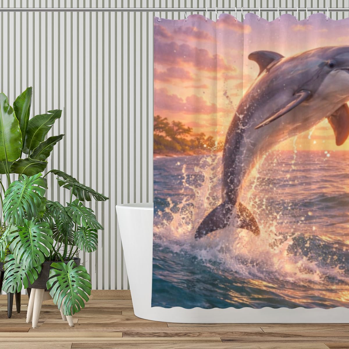 REZHOCH Coastal Funny Dolphin Shower Curtain 72x72 Inch,Cute Animal Sunset Beach Flowers Ocean Seaside Home Bathroom Decor Fabric Waterproof Bath Bathtub Set with 12 Hooks
