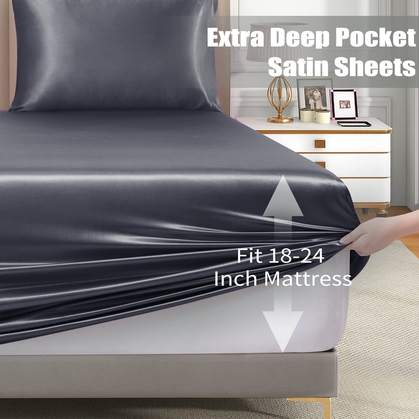 VACVELT 3pcs Extra Deep Pocket Satin Fitted Sheet Set King Bed Set, Grey Bottom Sheet Fit 18-24 Inch Deep Pocket Mattress, Silky Bedding Set Soft & Ultra Deep Fitted Sheet & 2 Pillowcase