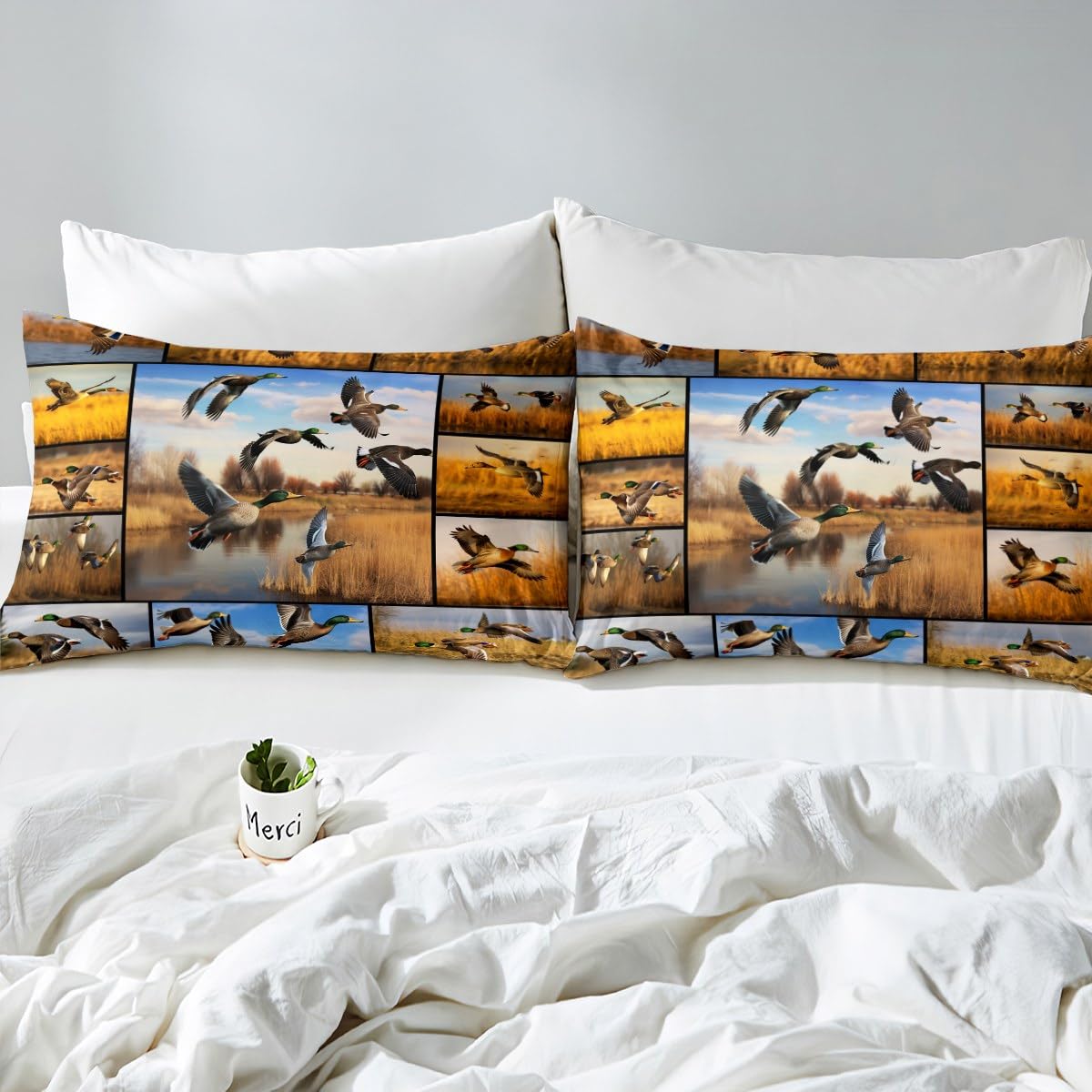 Duck Hunting Sheet Set for Teens Youth,Mallard Duck Bed Sheets Full Size,Nature Landscape Bedding Set,Woodland Farmhouse Animal Patchwork Fitted Sheet + Flat Sheet + 2 Pillow Shams Wrinkle Free