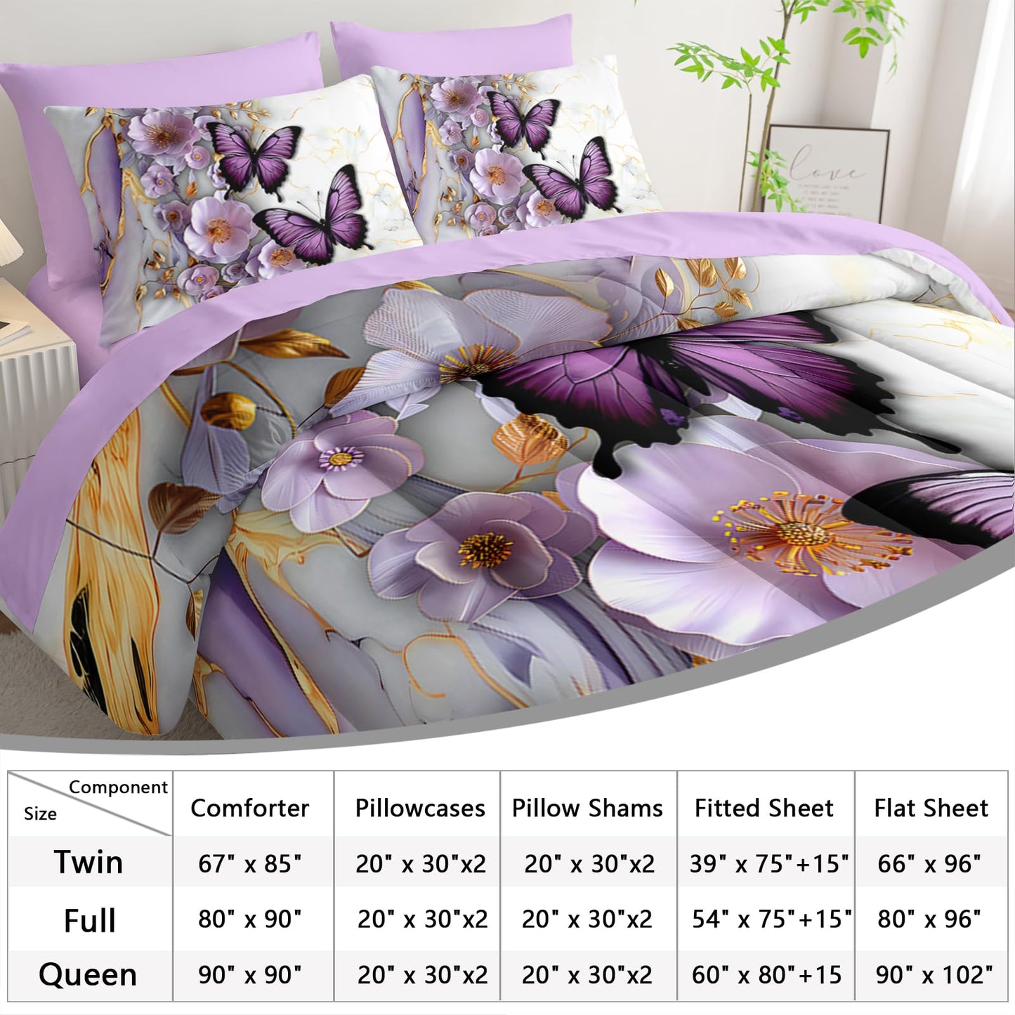 AILONEN Butterfly Girls Comforter Set Printed Full Size 7Pcs Purple Floral Bed in a Bag,Gold White Marble Flower Comforter + Fitted/Flat Sheet + 2 Pillowcases + 2 Pillow Shams for Kids Women