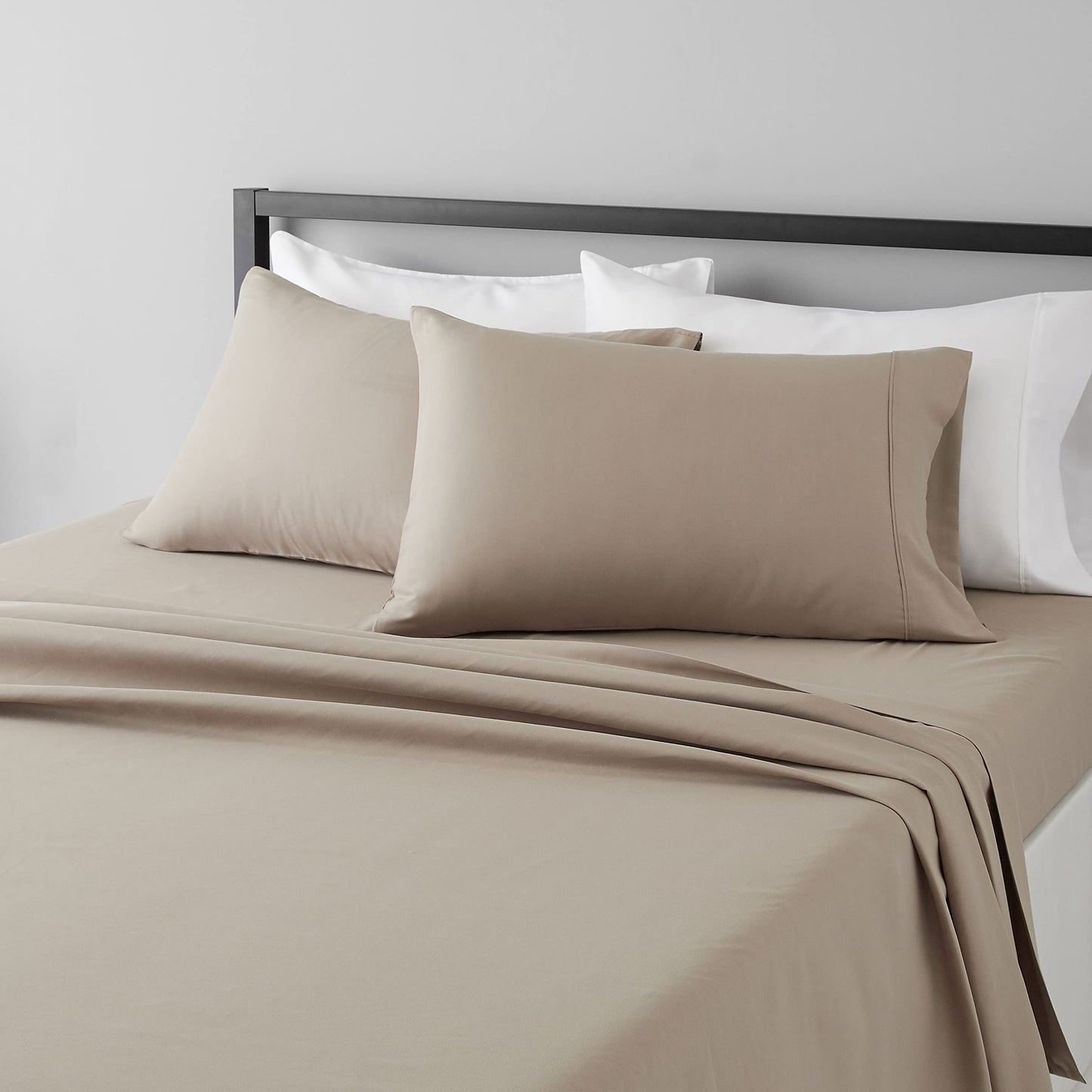 Amazon Basics Lightweight Super Soft Easy Care Wrinkle Free Breathable Microfiber 4 Piece Bed Sheet Set with 14-Inch Deep Pockets, Machine Washable, Brushed, King, Taupe, Solid