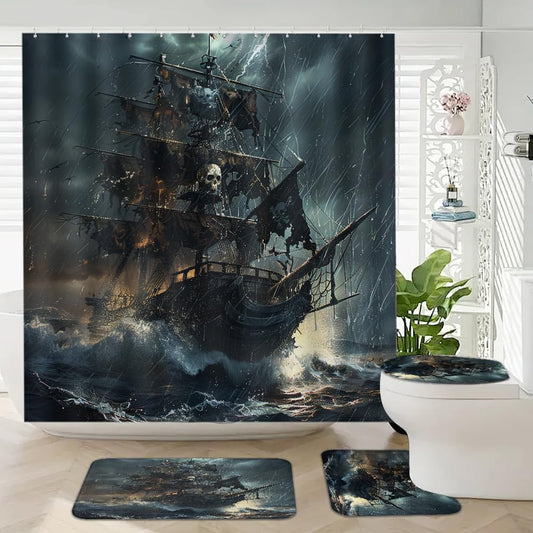 FOCCAFB Horror Pirate Ship Bathroom Set with Shower Curtain and Rugs, Vintage Skull Nautical Ocean Scenery Bathroom Shower Curtain Set with Rug, Bath Mat, U-Shaped Floor Mat