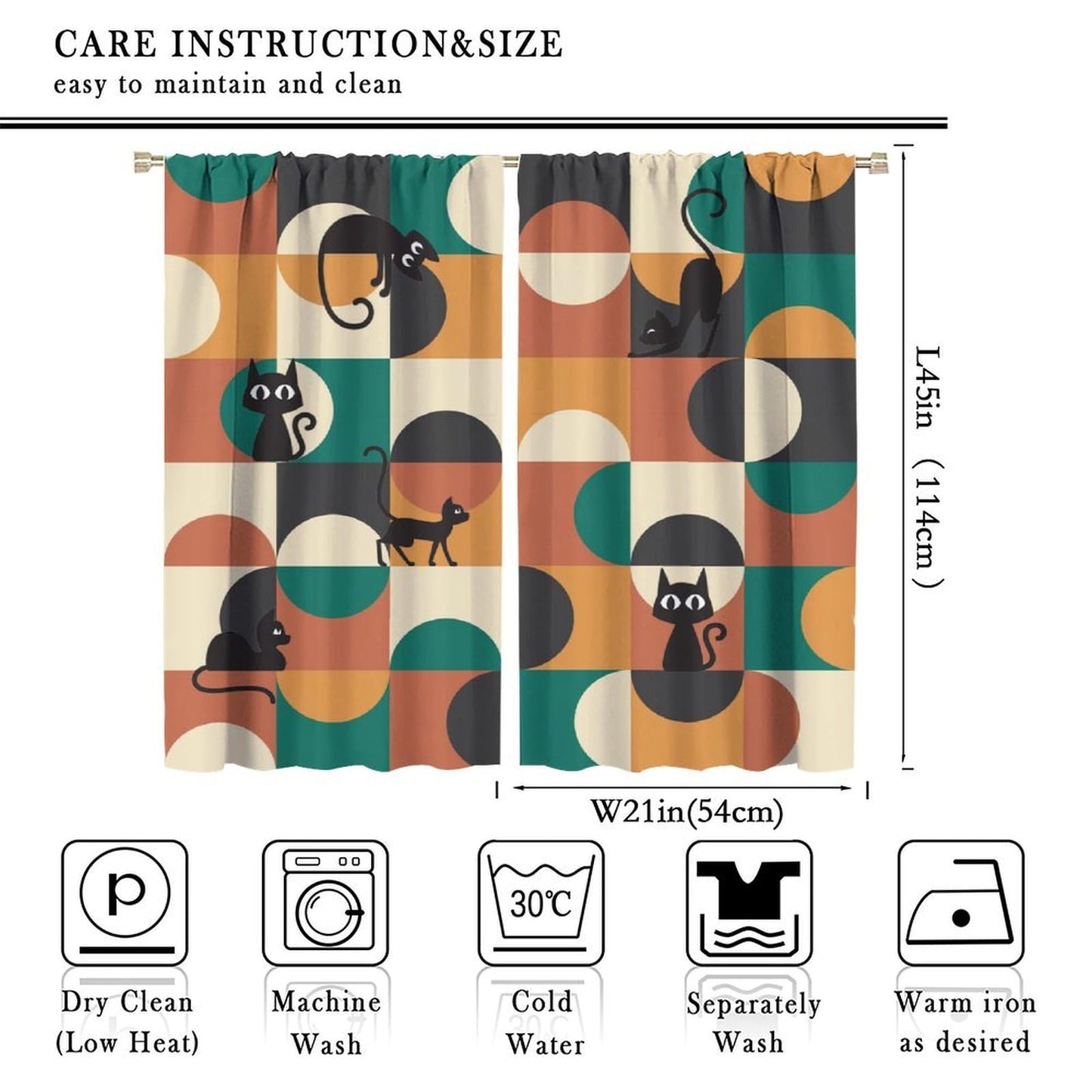 ICMOLYYENLO Mid Century Black Cat Curtains - Modern Abstract Geometric Pattern - Retro Living Room & Kitchen Decor - Blackout 42x45 Inches 2 Panels