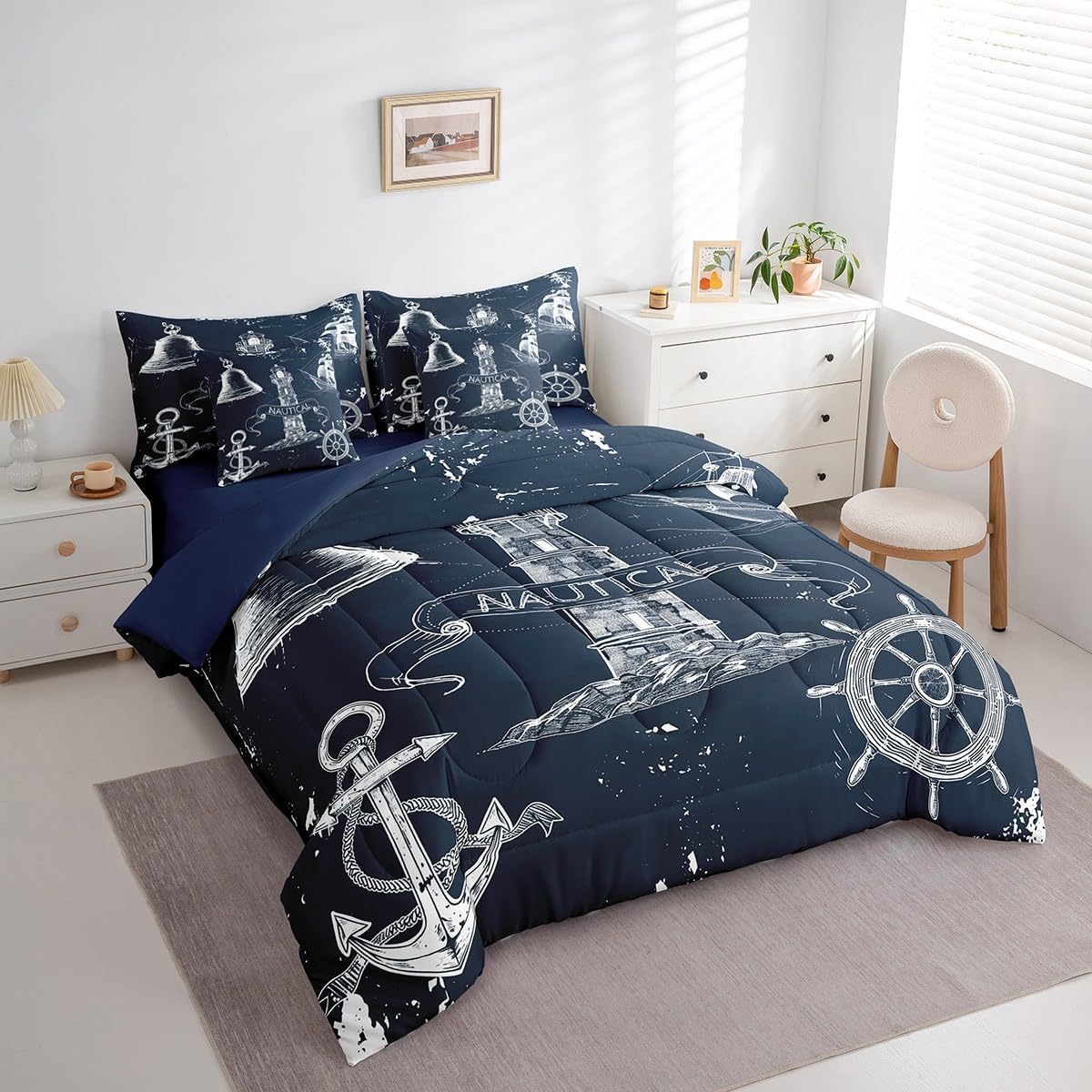 Erosebridal Nautical Theme Sketch Comforter Set 7 Piece Bed in a Bag Twin,Ocean Retro Sailboat Bedding Sets Pirate Boat Anchor Steering Wheel Compass Sheet Set with Comforter