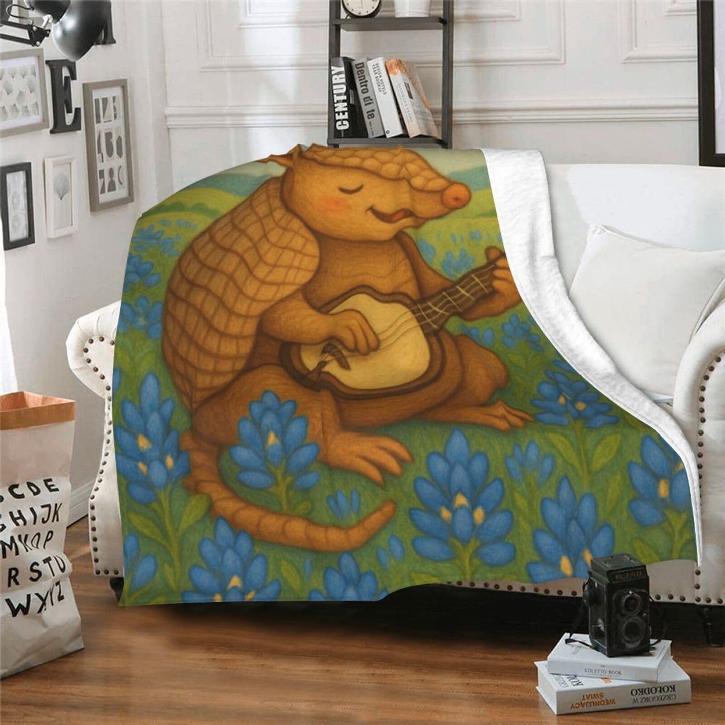 Qycazzw Armadillo Playing Banjo Blanket Gifts for Women Kids, Cute Country Music Theme Flannel Blankets, Warm Cozy Soft Throw for Bedroom, Camping, Couch, Decor 50x60 in