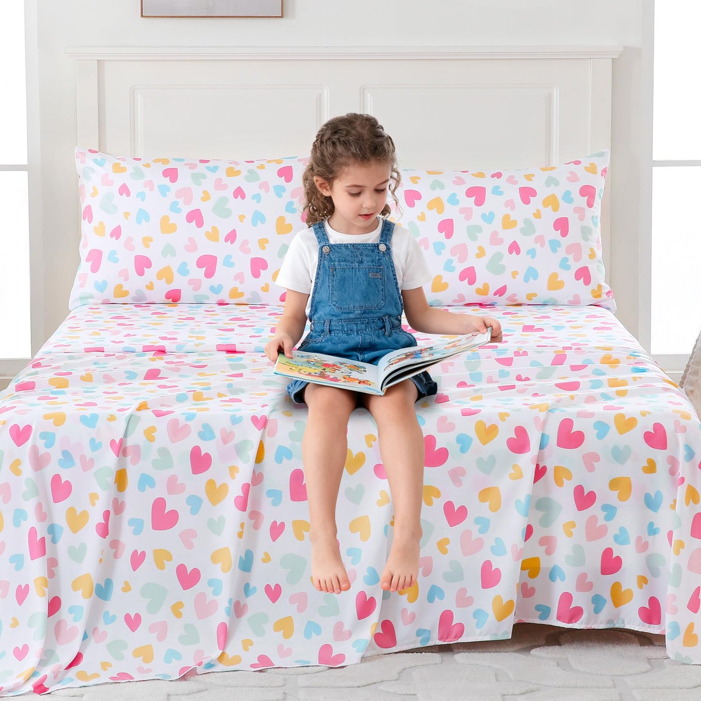 MICORAL Kids Twin Sheets Set Hearts, 3 Pieces Sheets for Boys & Girls, Soft Printed Microfiber Double Brushed Bed Sheets, Deep Pocket Cozy Toddler Bedding Set, Cute Hearts