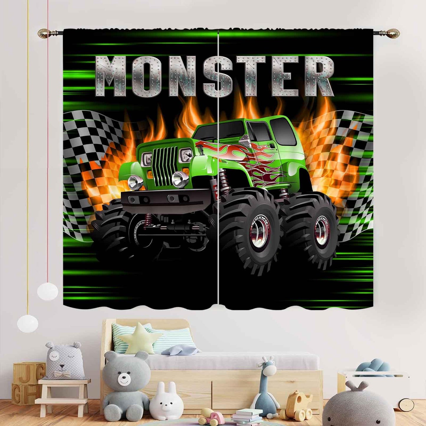 Truck Curtains for Boys Room, Burning Flame Tractor Truck Car Cool Monster Checkered Racing Flag Window Drapery Treatments for Boys Kids Bedroom Living Room Playroom Nursery 2 Panels, 42"x45" Inch