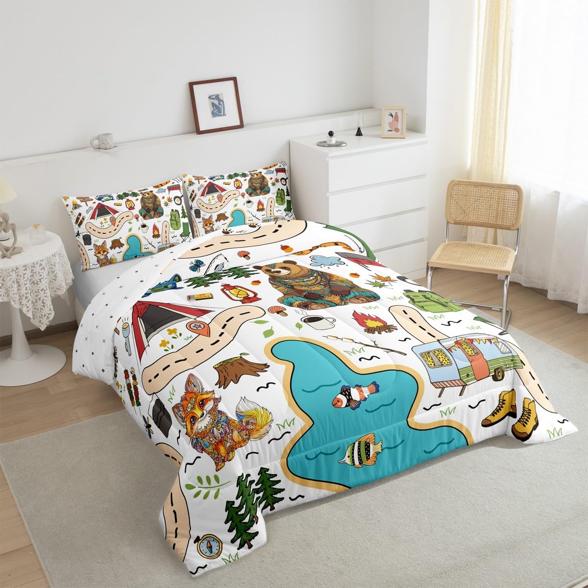 Feelyou Camping Adventure Bedding Set,Kids Boys Girls Full Size Cartoon Animal Tent Mountain Tree Comforter Set,Ultra Soft Camping Bonfire Outdoor Activities Comforter,Art Printed Duvet Quilt,Quilt
