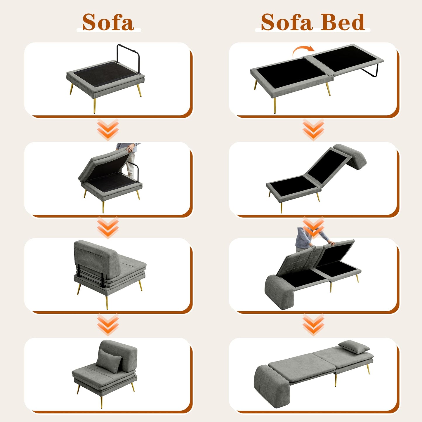 wanan Sleeper Chair, 3-in-1 Chair Bed Sleeper for Adults, Futon Sofa Bed with Back Support & Pillow, Solid Wood Frame & Sturdy Metal Legs for Living Room, Bedroom, Gray