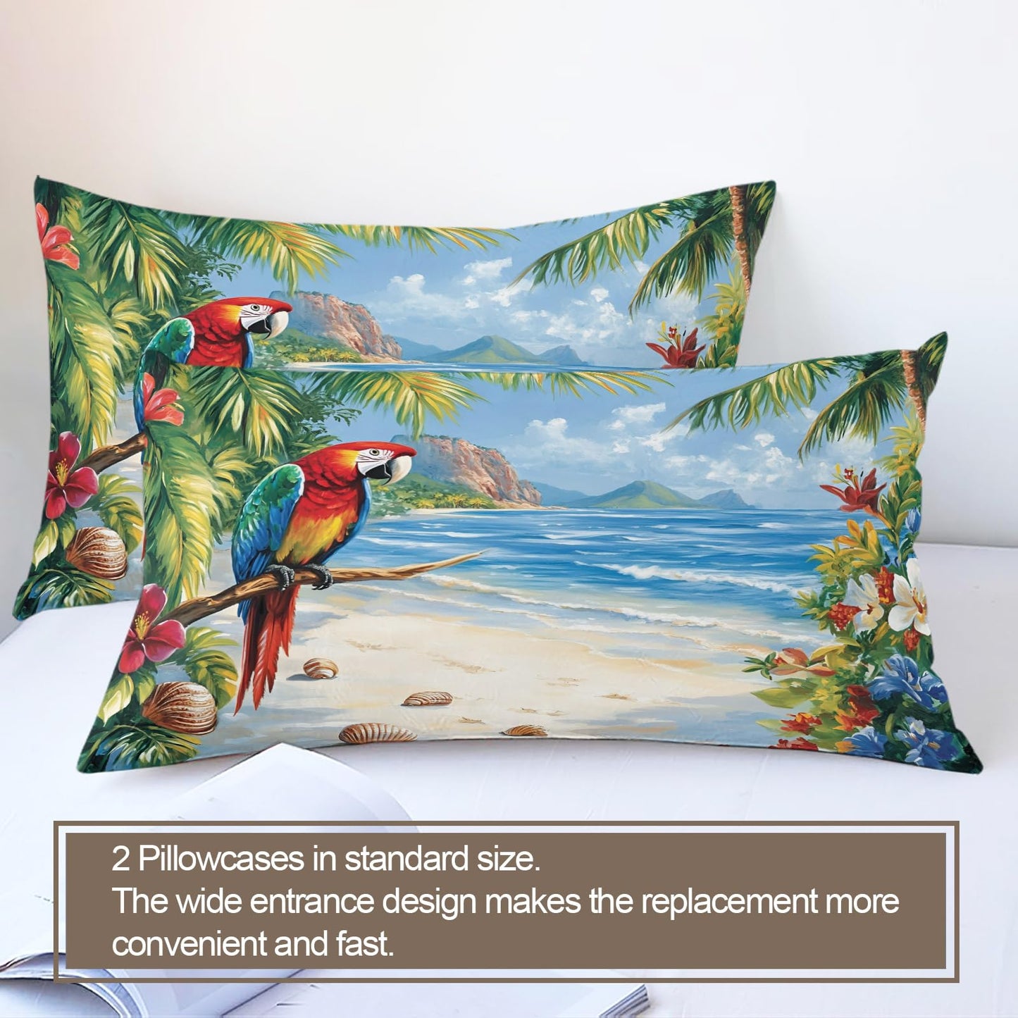 GKPLY Tropical Parrot Duvet Cover Queen, Coastal Ocean Bedding Set, Jungle Artwork Comforter Cover with Zipper & Ties, 3 Pieces Reversible Summer Bedding, 2 Pillowcases