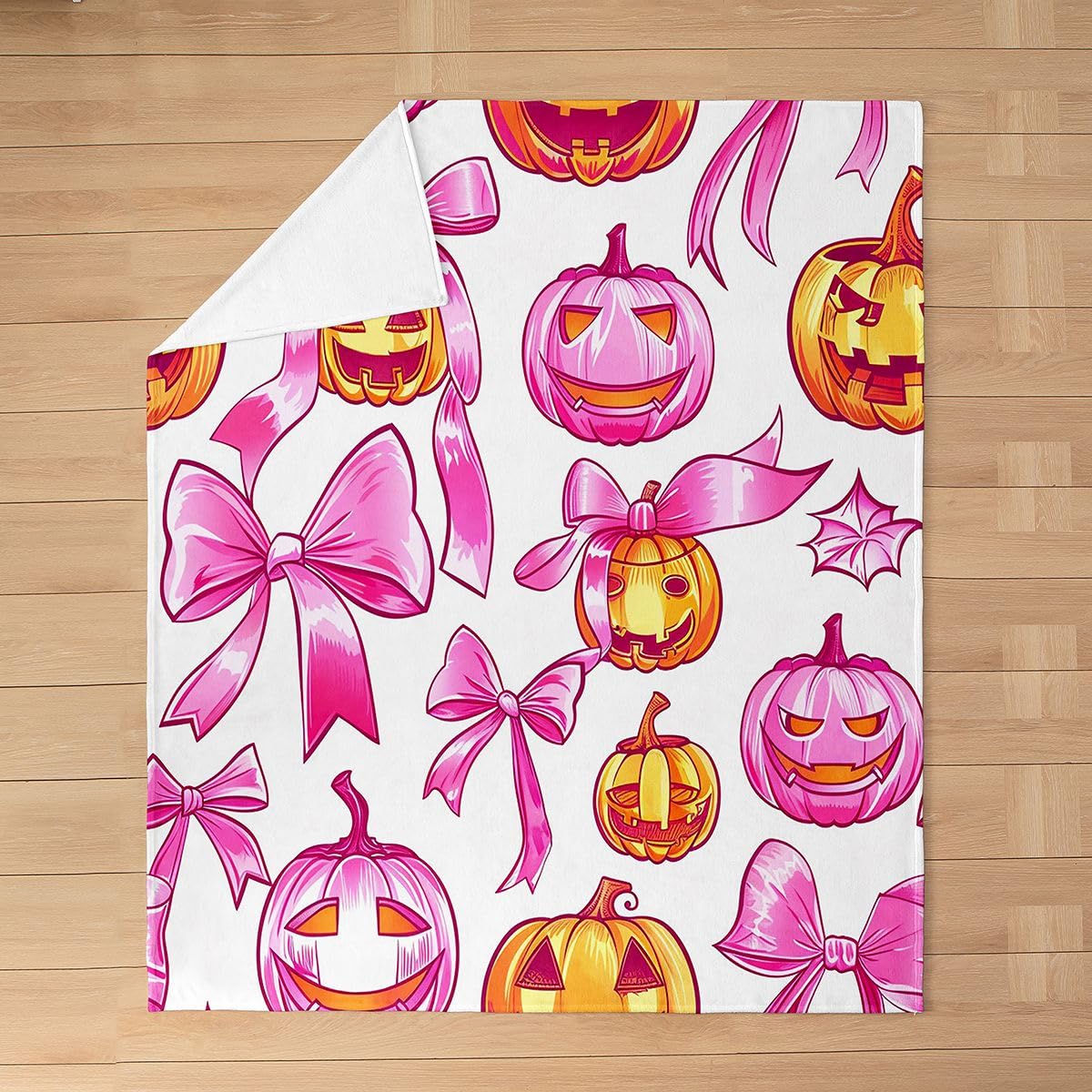 Feelyou Spooky Pumpkin Plush Throw Blanket Halloween Themed Flannel Blanket 40"x50" Bowknot All Season Pink Orange for Couch Bed Sofa Spooky Pumpkin Bedroom Decor