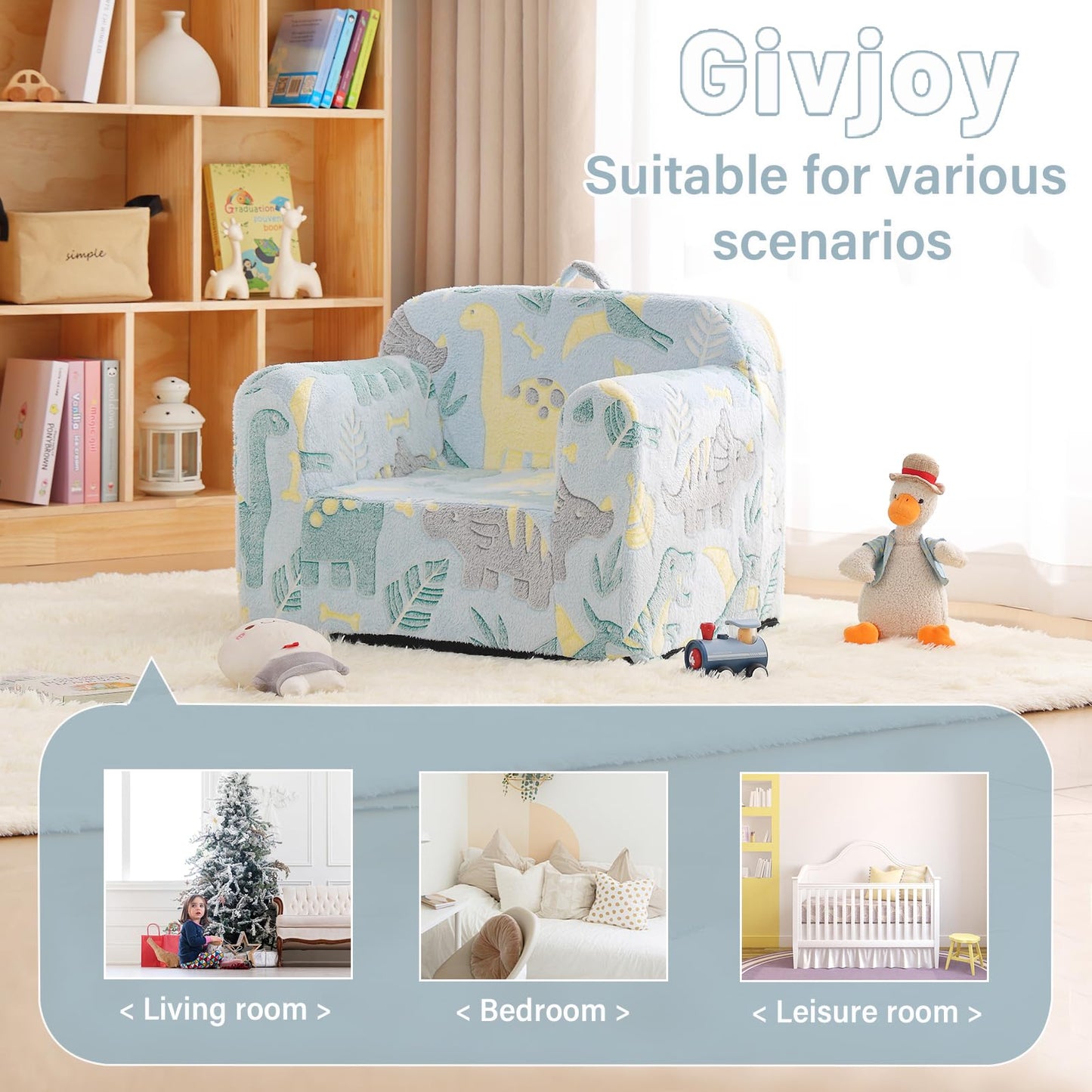 Givjoy Toddler Chair Plush Kids Couch, Comfy Glow in The Dark Dinosaur Chair with Removable and Washable Cover Carrying Handle Kids Sofa, Convertible Toddler Couch for Playroom Girls and Boys Green