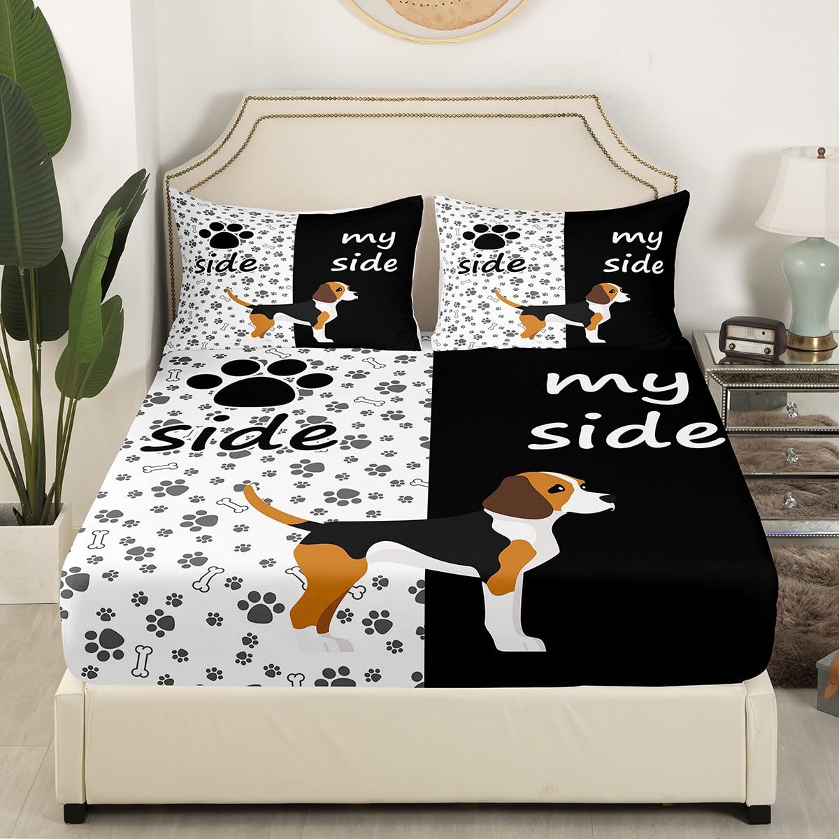 Erosebridal Lovely Dog Paw Bed Sheet Full,Cute Puppy Bones Sheet Set for Kids Boys Girls,Black and White Animal Bedding Set Bedroom Decor,Dog Side My Side Fitted Sheet + Flat Sheet + 2 Pillowcases
