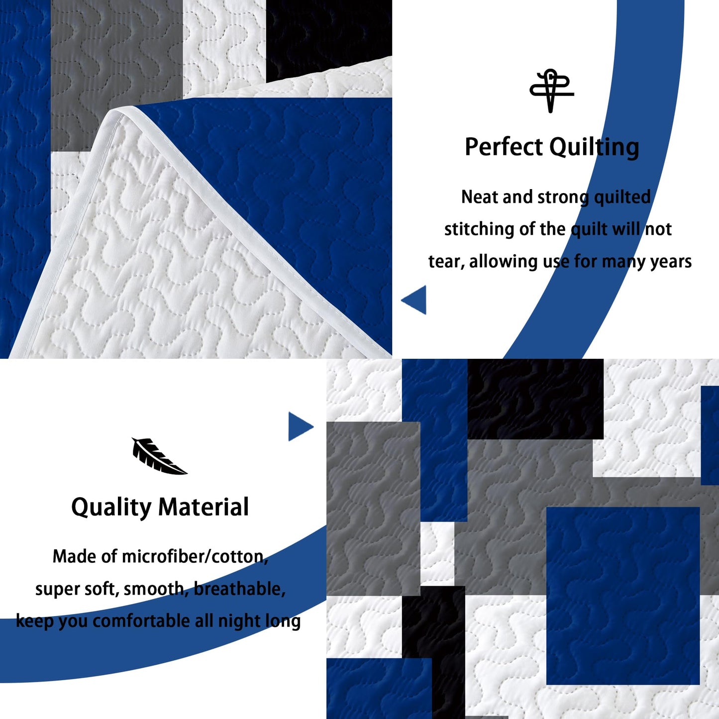 Tyrot 3 Piece Blue White Grey Quilt Set King Size Black White Geometric Reversible Bedding Set Microfiber Lightweight Bedspread Coverlet with 2 Shams Modern Bed Covers for All Season, 106''x96''