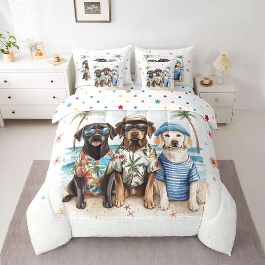 Erosebridal Summer Beach Bed in A Bag Full, Kawaii Dogs Comforter Set with Sheets, Sea Beach 7 Pieces Bedding Set for Kids Boys Teens Girls Women Men Bedroom, Floral Starfish Coconut Tree Bed Sets