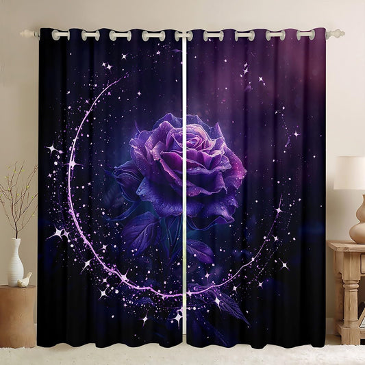 Erosebridal Black and Purple Rose Curtains,Romantic Purple Floral Curtains Blackout for Couples Bedroom,Funky Flower Curtains Valentines Gifts Modern Flowers Window Curtains 2 Panels 42" Wx63 L