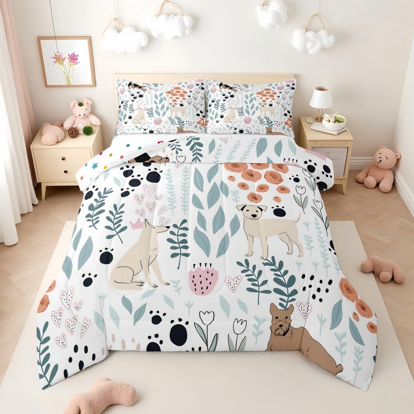 Erosebridal Kawaii Dog Bedding Set,Cartoon Puppy Dog Comforter Set Twin,Cute Love Heart Leaf Flower Comforter Set for Kids Girls Boys,Paw Print Pet Animals Quilt Duvet Insert with 1 Pillow Case