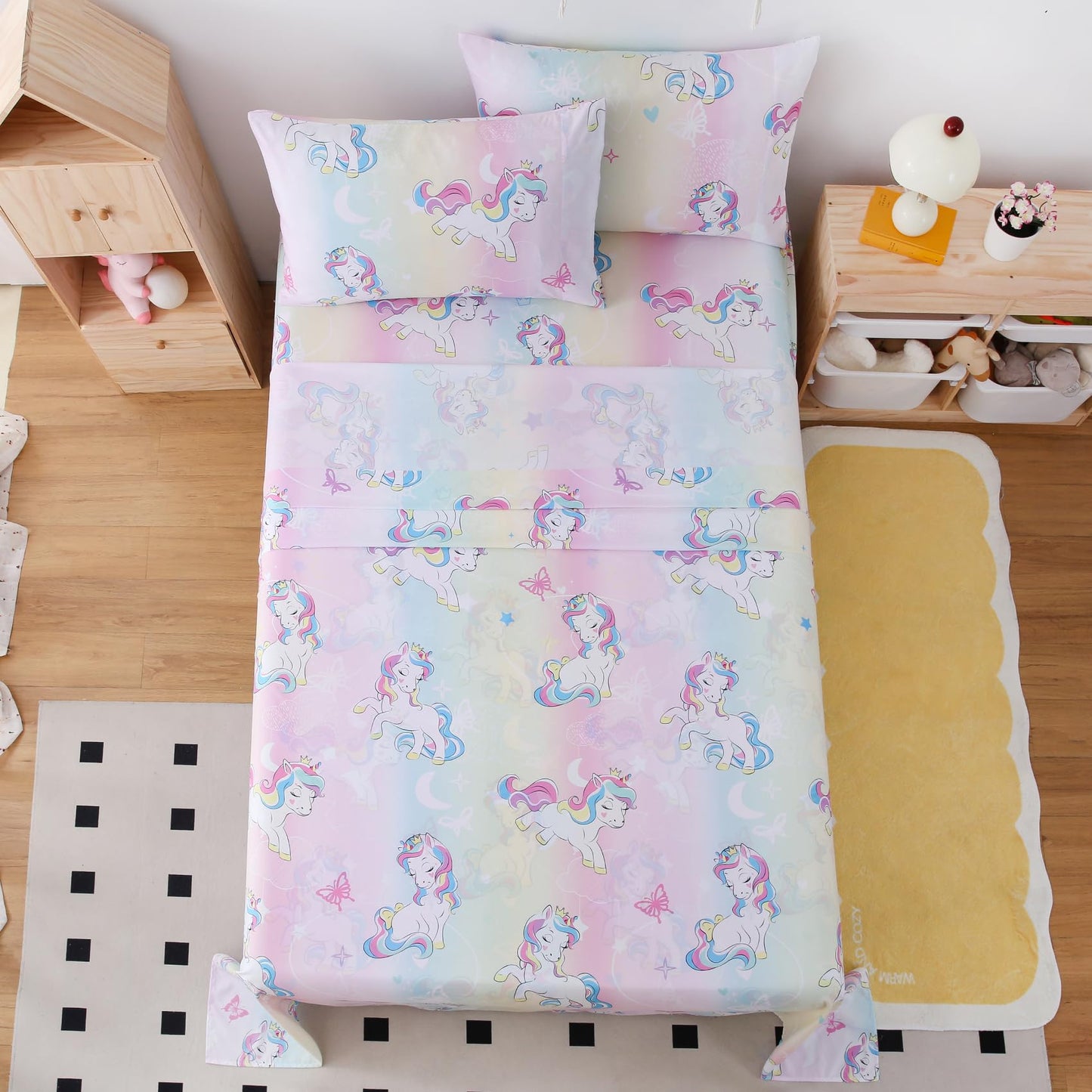 Yibeizi Twin Sheets Set Kids, Rainbow Unicorn Pattern Microfiber Single Bed Sheets, Cute Soft Oeko-Tex Extra Deep Pocket Sheets & Pillowcases Cooling Hypoallergenic Wrinkle Free Bedsheets