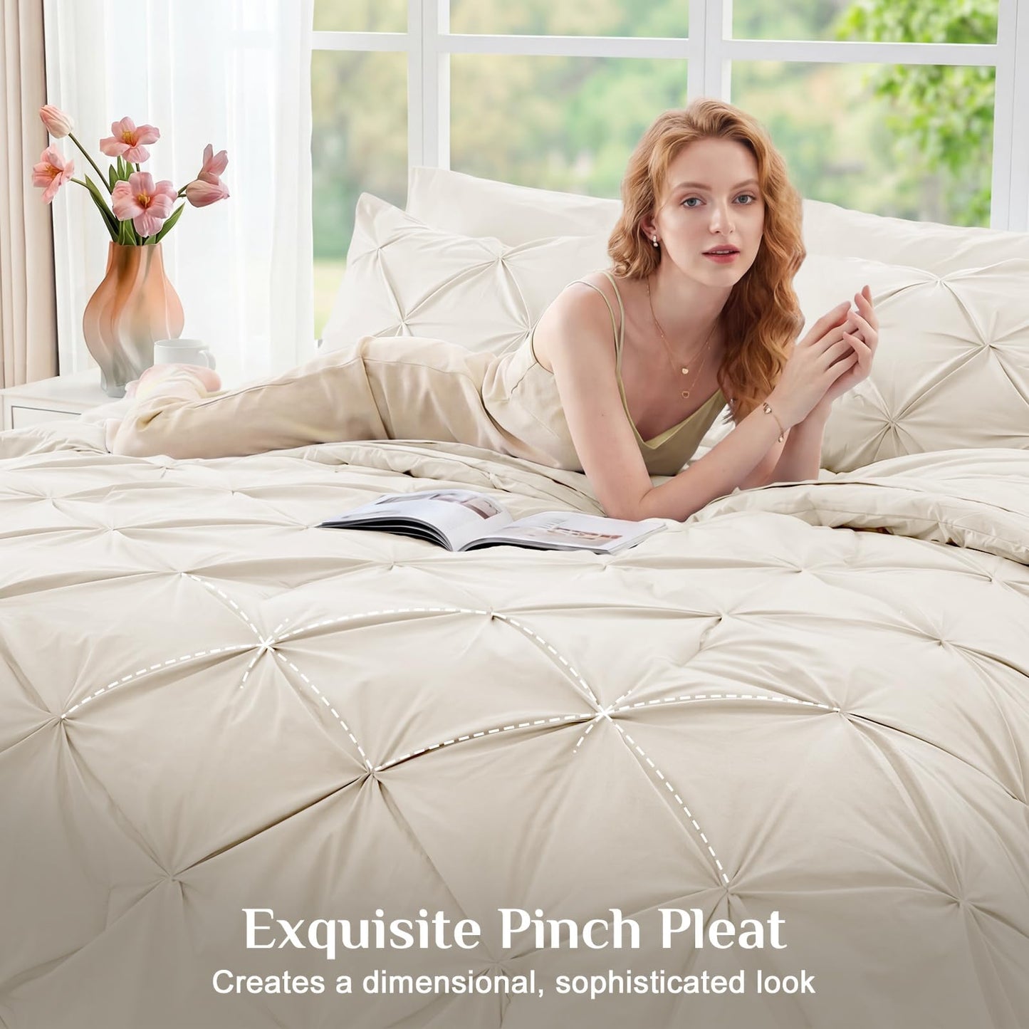 JOLLYVOGUE Queen Comforter Set 7 Pieces - Bed in a Bag Queen for All Season, Pintuck Bedding Comforter Sets with Comforter, Flat Sheet, Fitted Sheet and Pillowcases & Shams, Beige