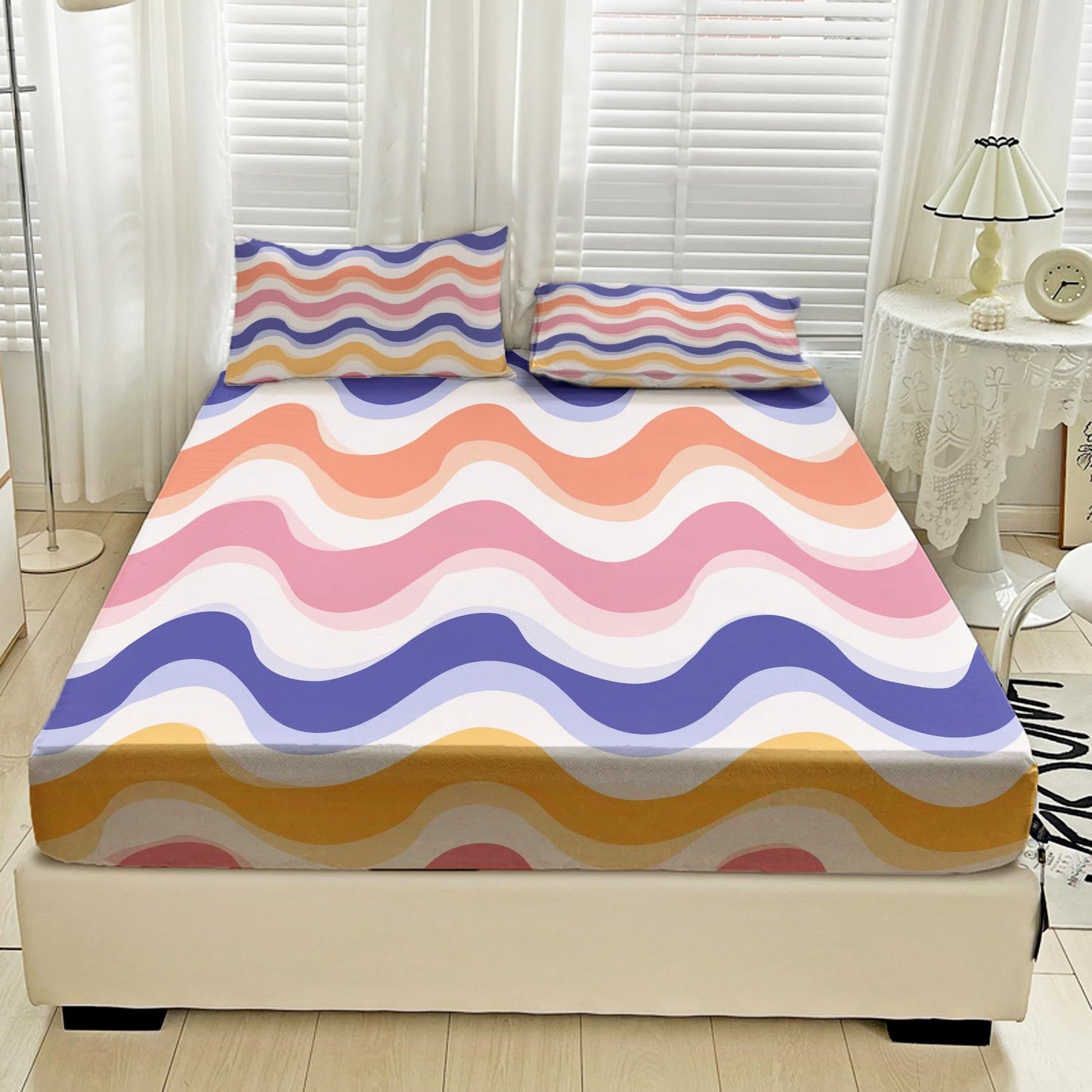 NOGAWA 70s Retro Sheets Full, Abstract Waves Bed Sheets, Colorful Bedding Sheets, Soft Microfiber Deep Pocket Fitted Sheet, Flat Sheet, 2 Pillowcases