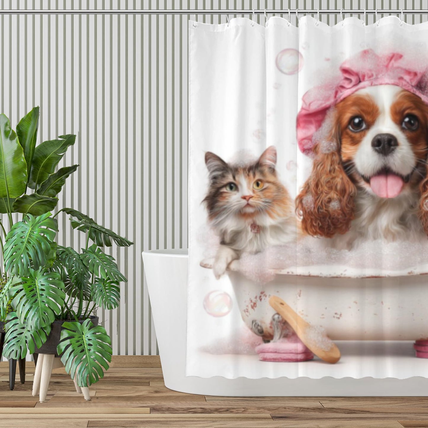 Wordatu Funny Cavalier-King-Charles Spaniel Shower Curtain Decor Fabric Bathroom Curtains, Kids Children Cartoon Waterproof 72x72 inch with 12 Hooks