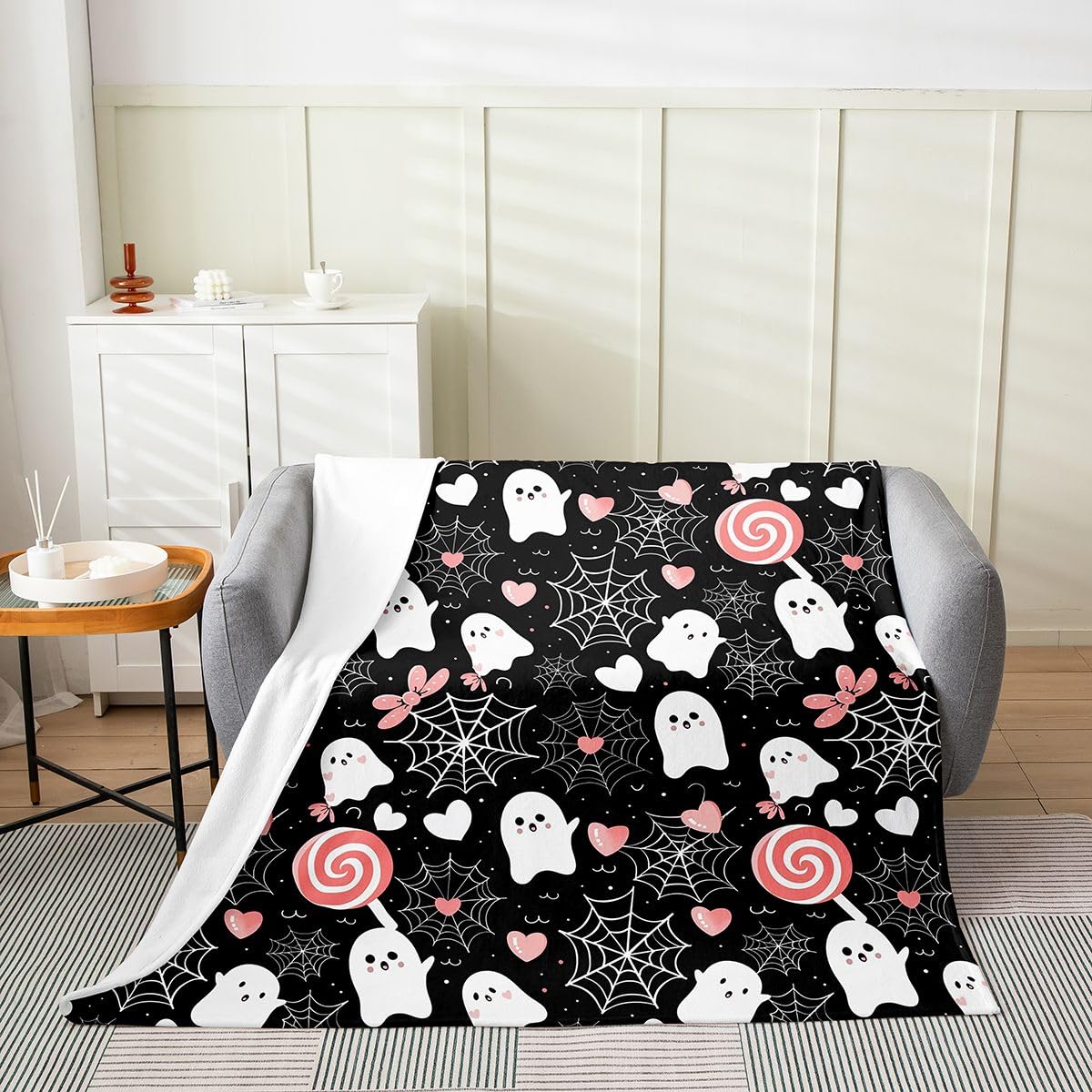 Feelyou Ghost Flannel Fleece Throw Blanket Misty Forest 40"x50" Trick or Treat Fleece Throw Blanket for Kids Women Men Candy for Bed Couch Chair Living Room Spider Web Bedroom Decor