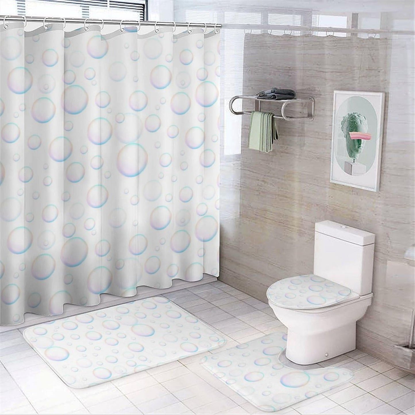 Bubbles Bathroom Set, Funny Shower Curtain Set 4PCS with Non-Slip Rugs, Toilet Lid Cover Bath Mat and 12 Hooks