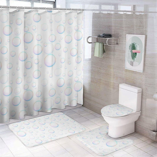 Bubbles Bathroom Set, Funny Shower Curtain Set 4PCS with Non-Slip Rugs, Toilet Lid Cover Bath Mat and 12 Hooks