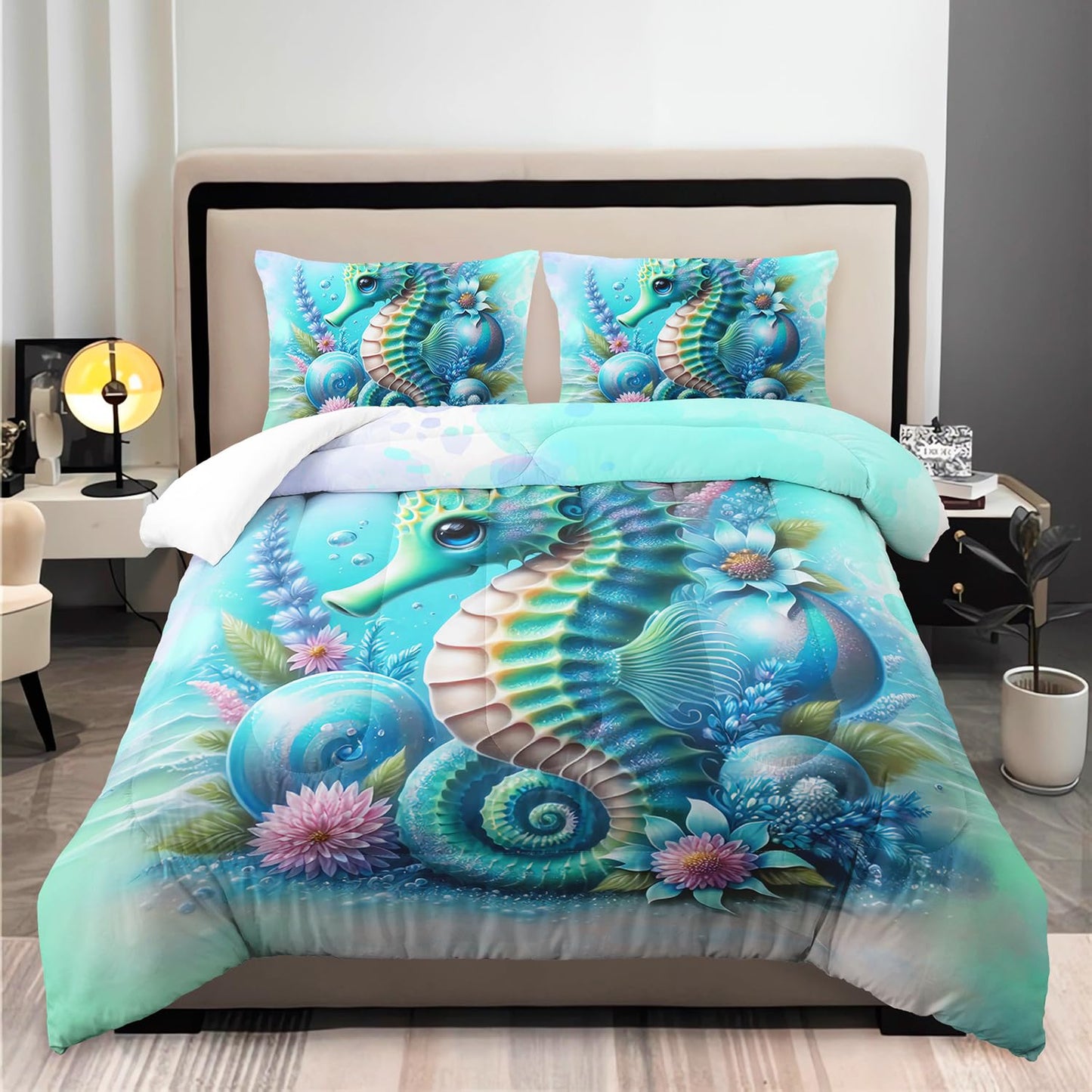 Green Seahorse Comforter 3Pcs Twin Tie-dye Blue Ocean Animal Bedding Set