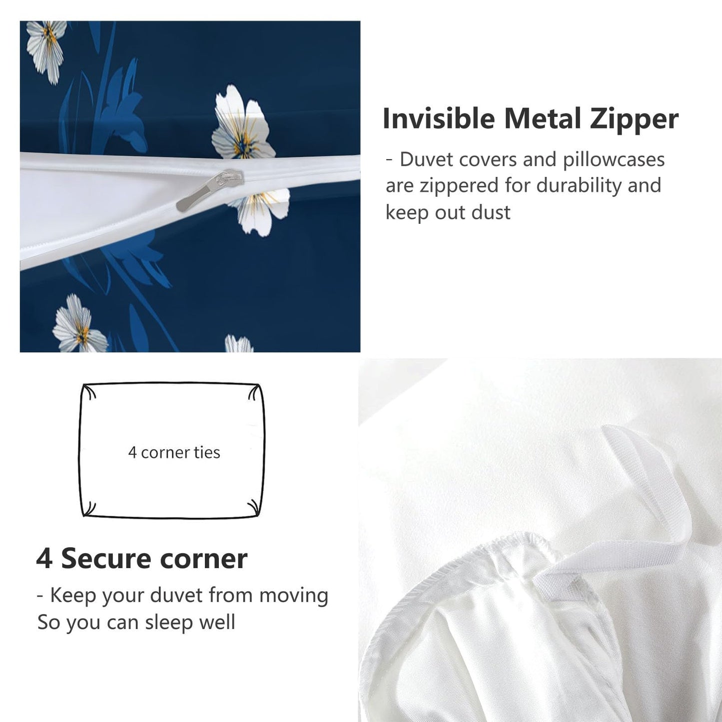 Super Soft Japanese Floral Style Duvet Cover Set Twin Size, Minimalist White Small Flowers Navy Blue Bedding for Kids Boys Girls Teens - Breathable and Anti-Allergic Soft Comforter Cover