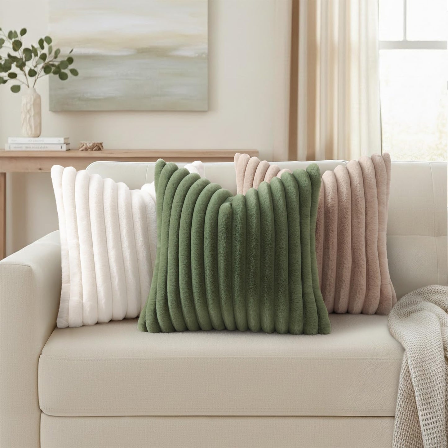 Simmore Faux Fur Couch Throw Pillow Covers 18x18 Set of 2, Decorative Soft Striped Plush Pillow Covers with Velvet Back for Sofa Bed Living Room, Sage Green